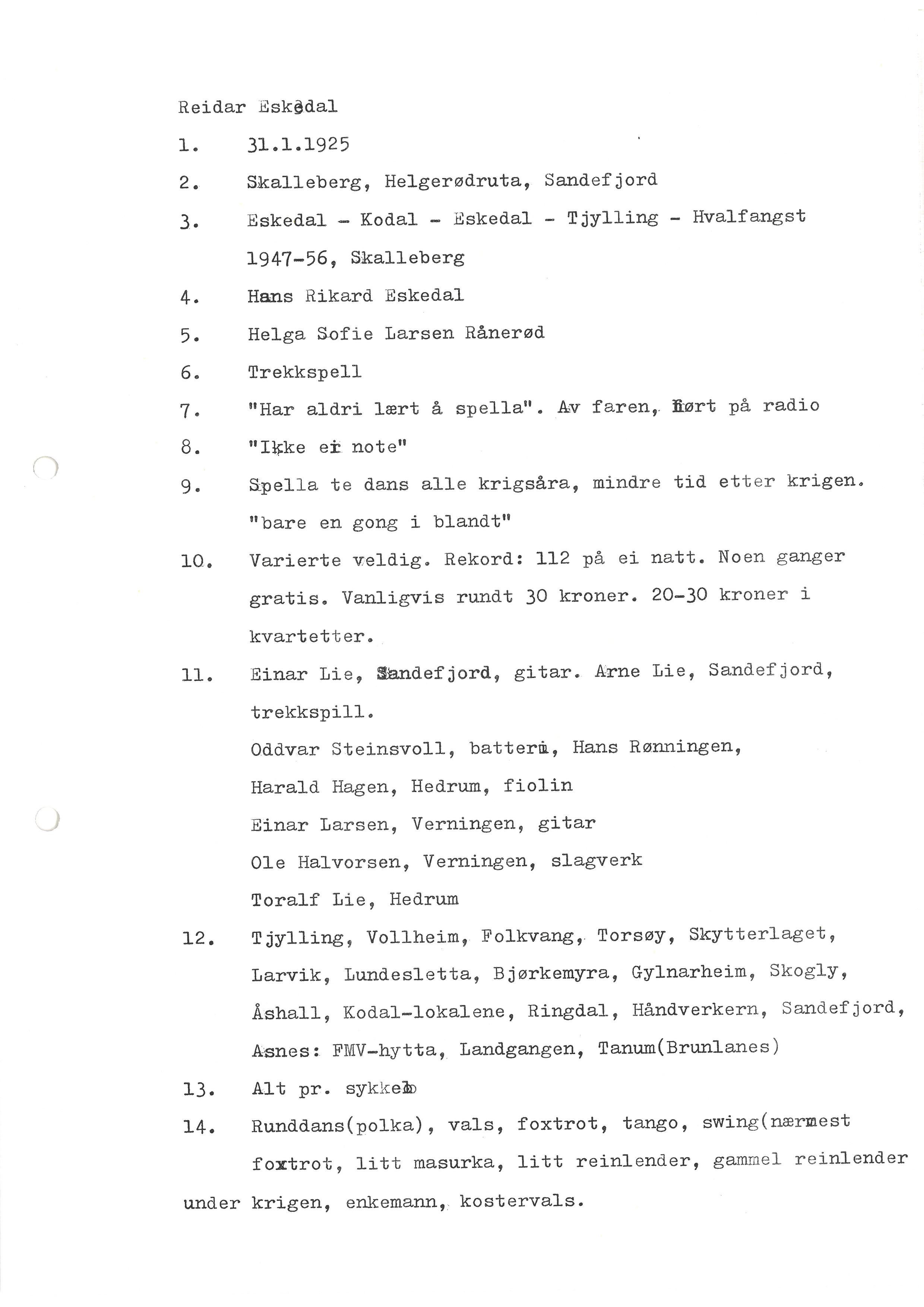 Sa 16 - Folkemusikk fra Vestfold, Gjerdesamlingen, VEMU/A-1868/I/L0001: Informantregister med intervjunedtegnelser, 1979-1986