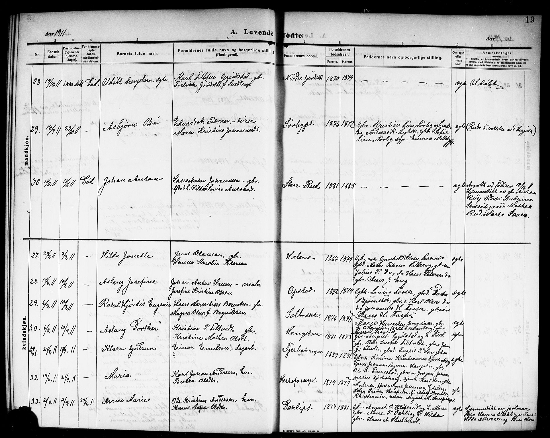 Rakkestad prestekontor Kirkebøker, AV/SAO-A-2008/G/Ga/L0001: Parish register (copy) no. I 1, 1909-1920, p. 19