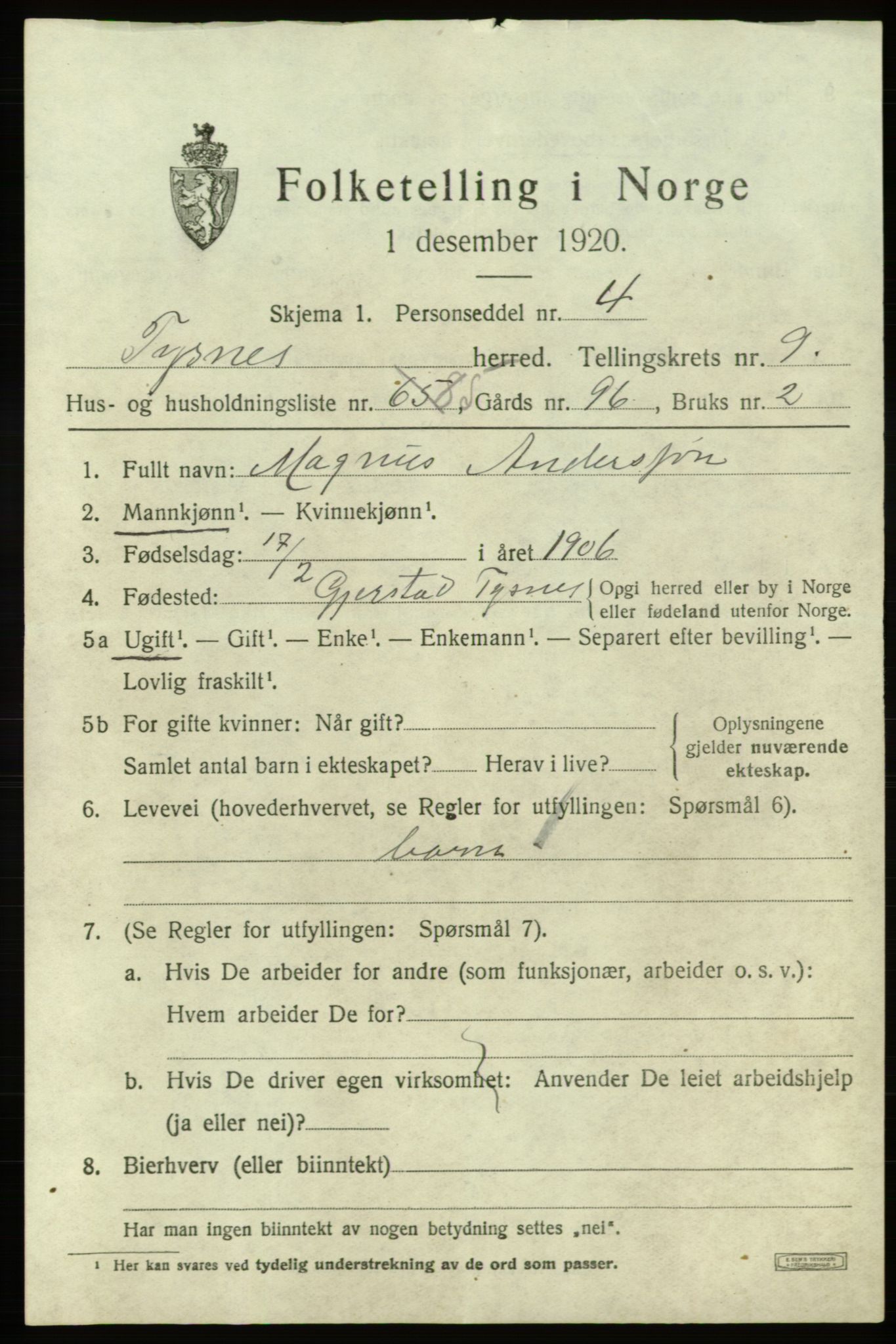 SAB, 1920 census for Tysnes, 1920, p. 7208