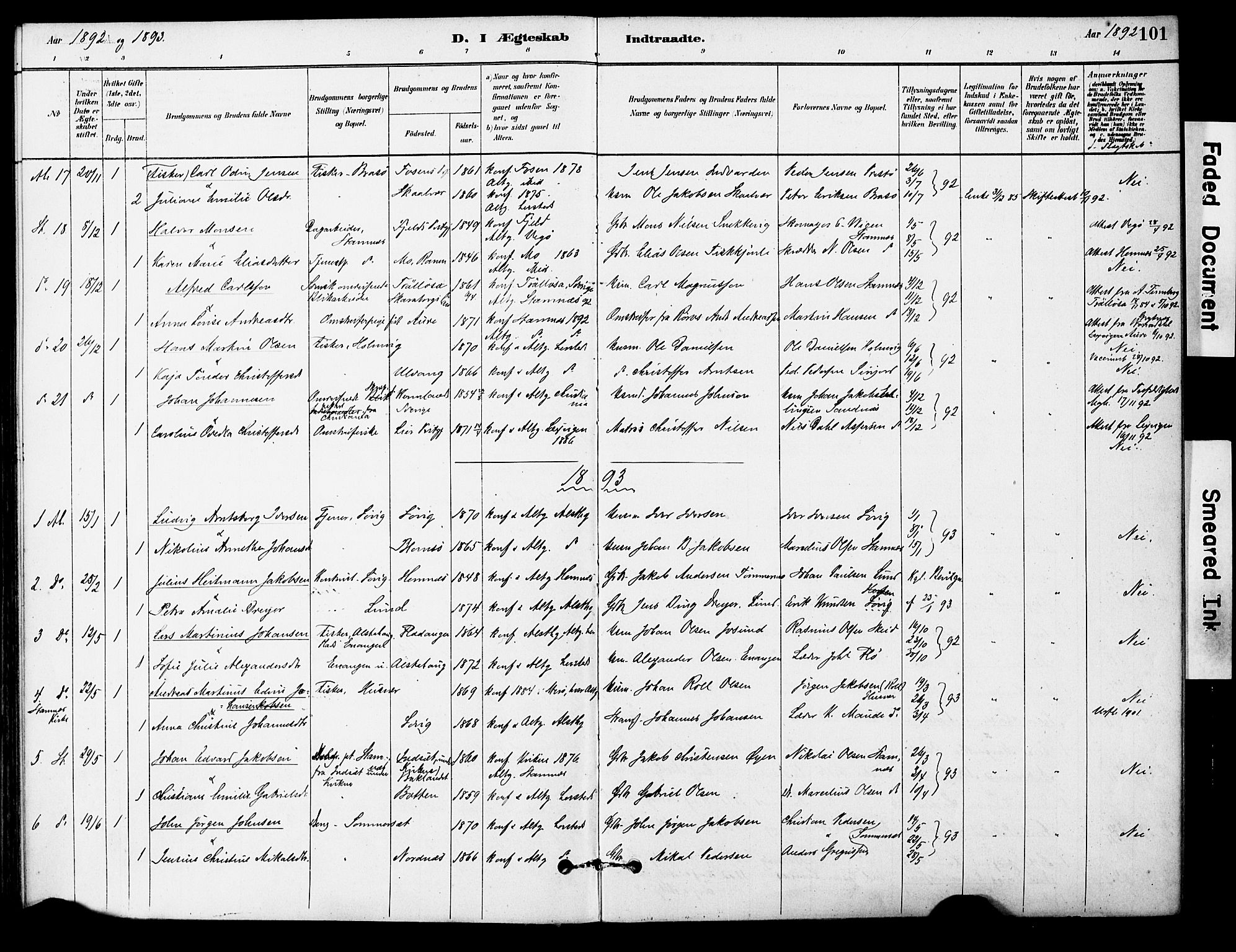 Ministerialprotokoller, klokkerbøker og fødselsregistre - Nordland, AV/SAT-A-1459/830/L0450: Parish register (official) no. 830A14, 1879-1896, p. 101