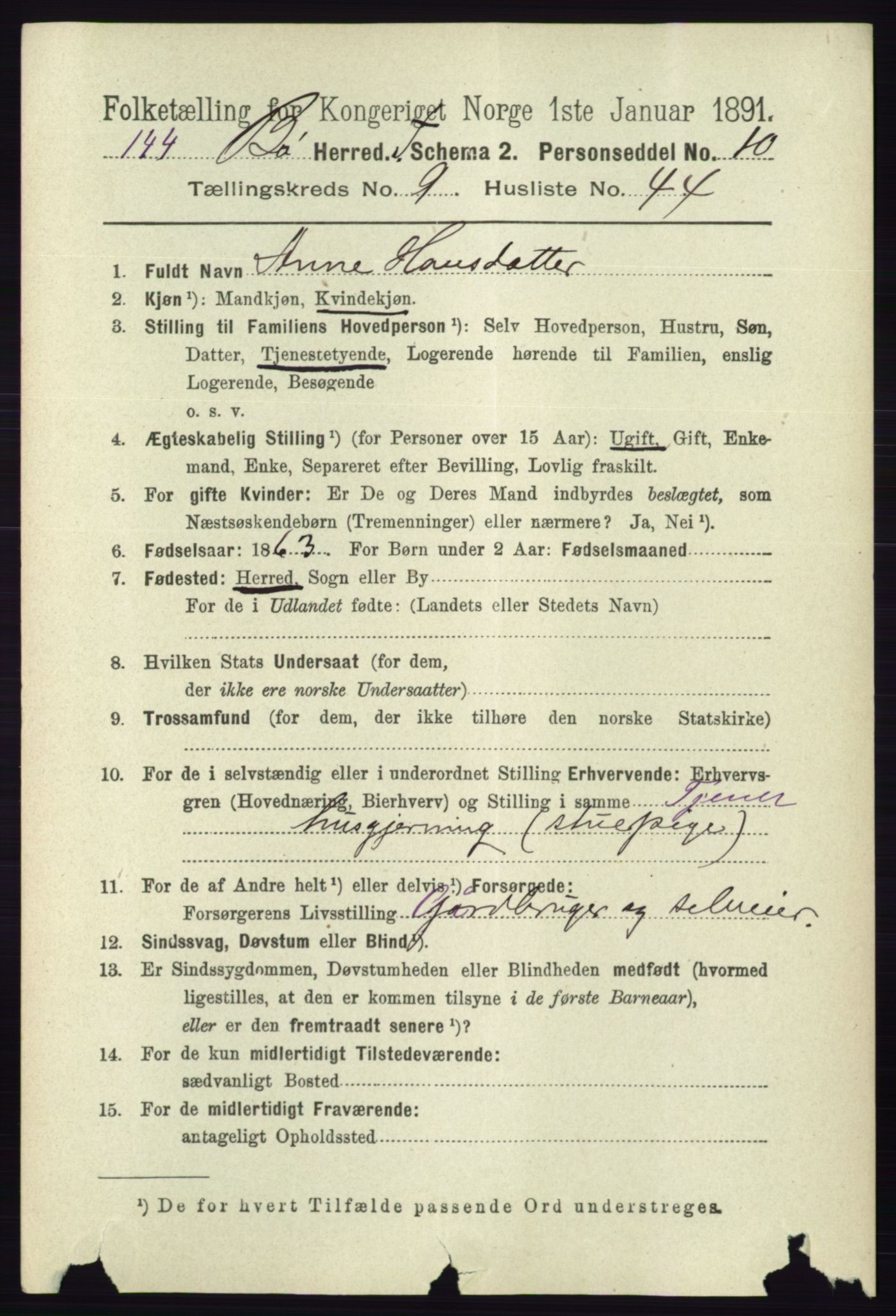 RA, 1891 census for 0821 Bø, 1891, p. 3157