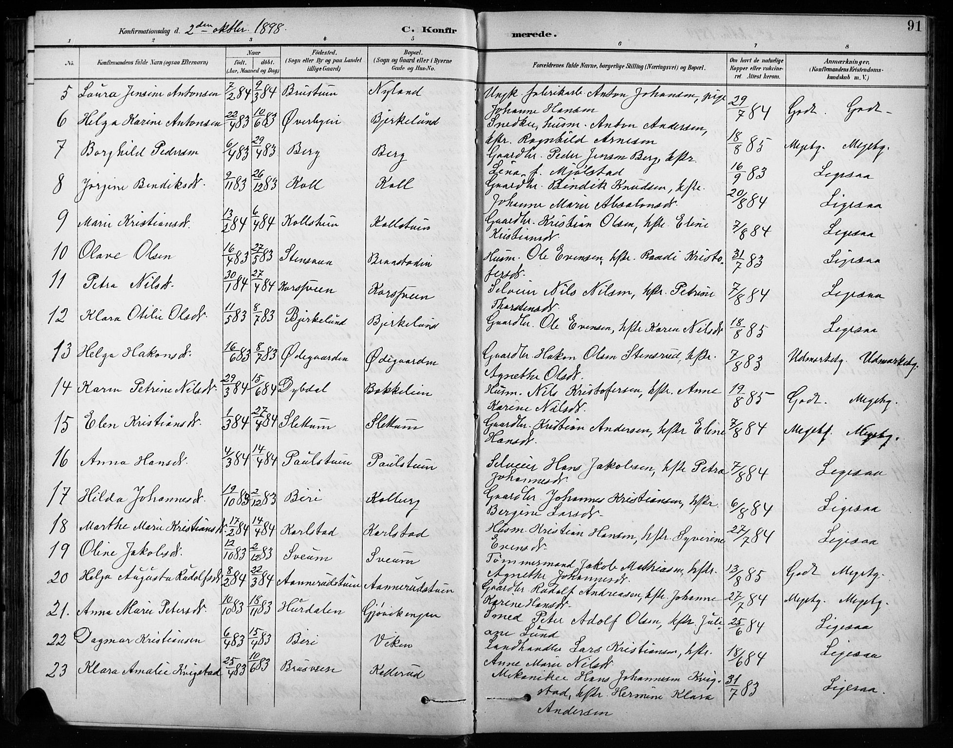 Vardal prestekontor, SAH/PREST-100/H/Ha/Hab/L0010: Parish register (copy) no. 10, 1895-1903, p. 91