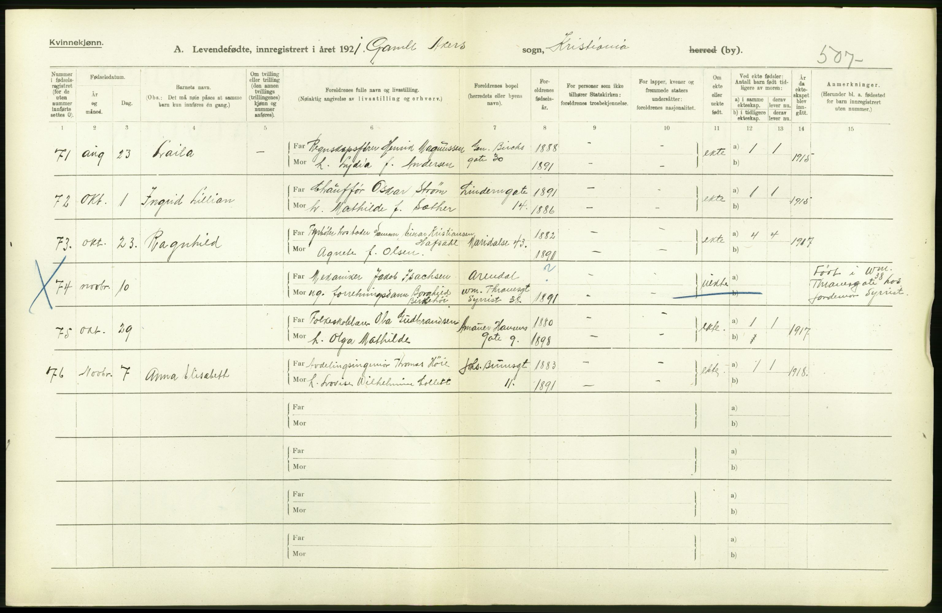 Statistisk sentralbyrå, Sosiodemografiske emner, Befolkning, AV/RA-S-2228/D/Df/Dfc/Dfca/L0010: Kristiania: Levendefødte menn og kvinner., 1921, p. 198