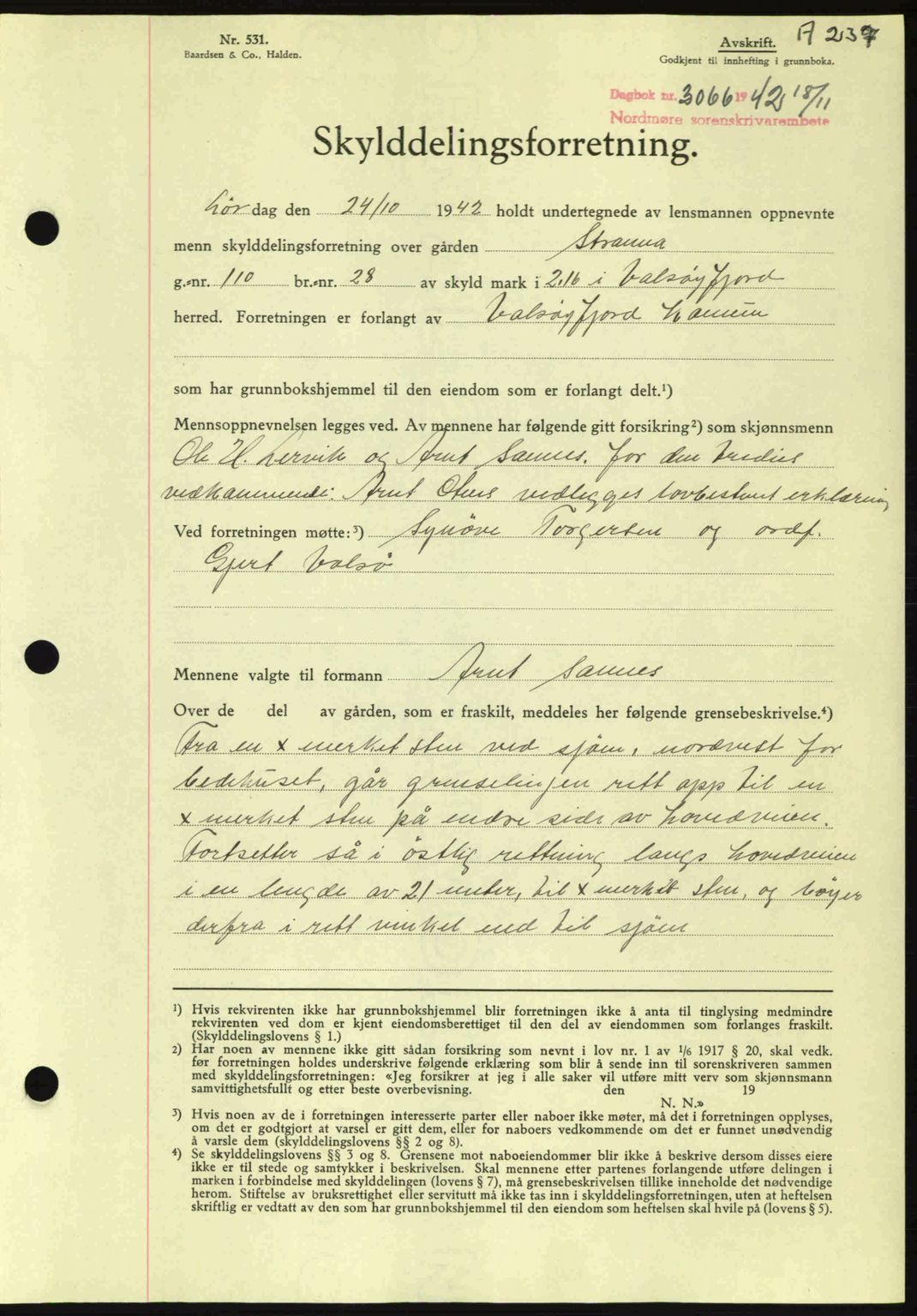 Nordmøre sorenskriveri, AV/SAT-A-4132/1/2/2Ca: Mortgage book no. A94, 1942-1943, Diary no: : 3066/1942