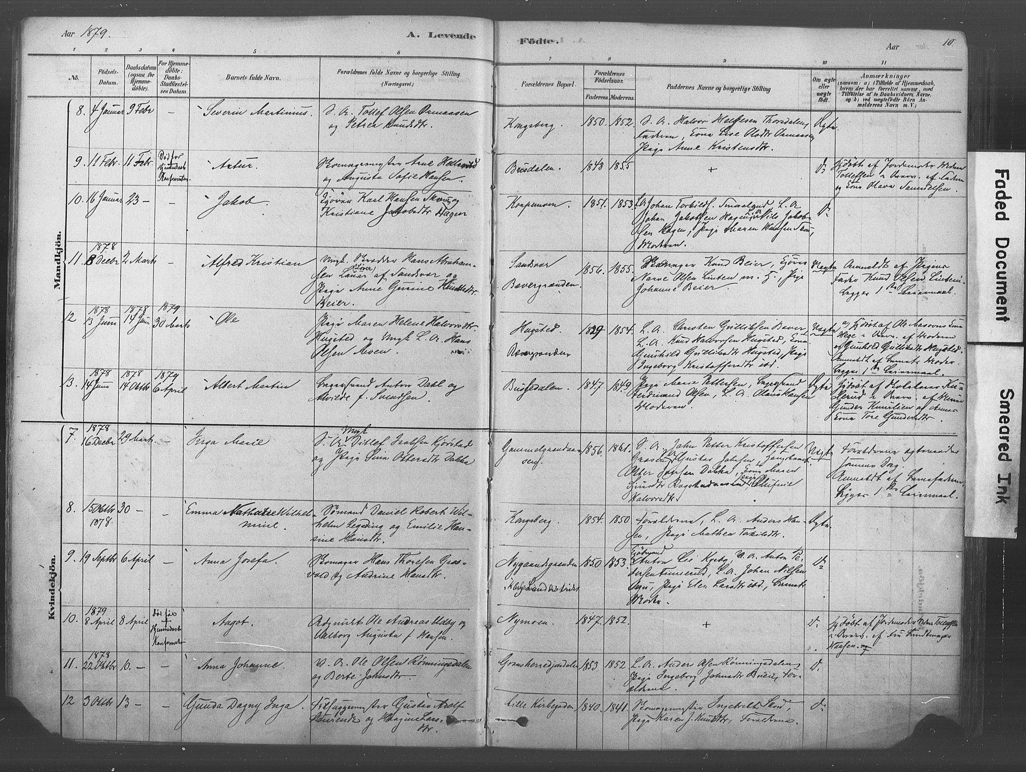 Kongsberg kirkebøker, SAKO/A-22/F/Fb/L0001: Parish register (official) no. II 1, 1878-1886, p. 10