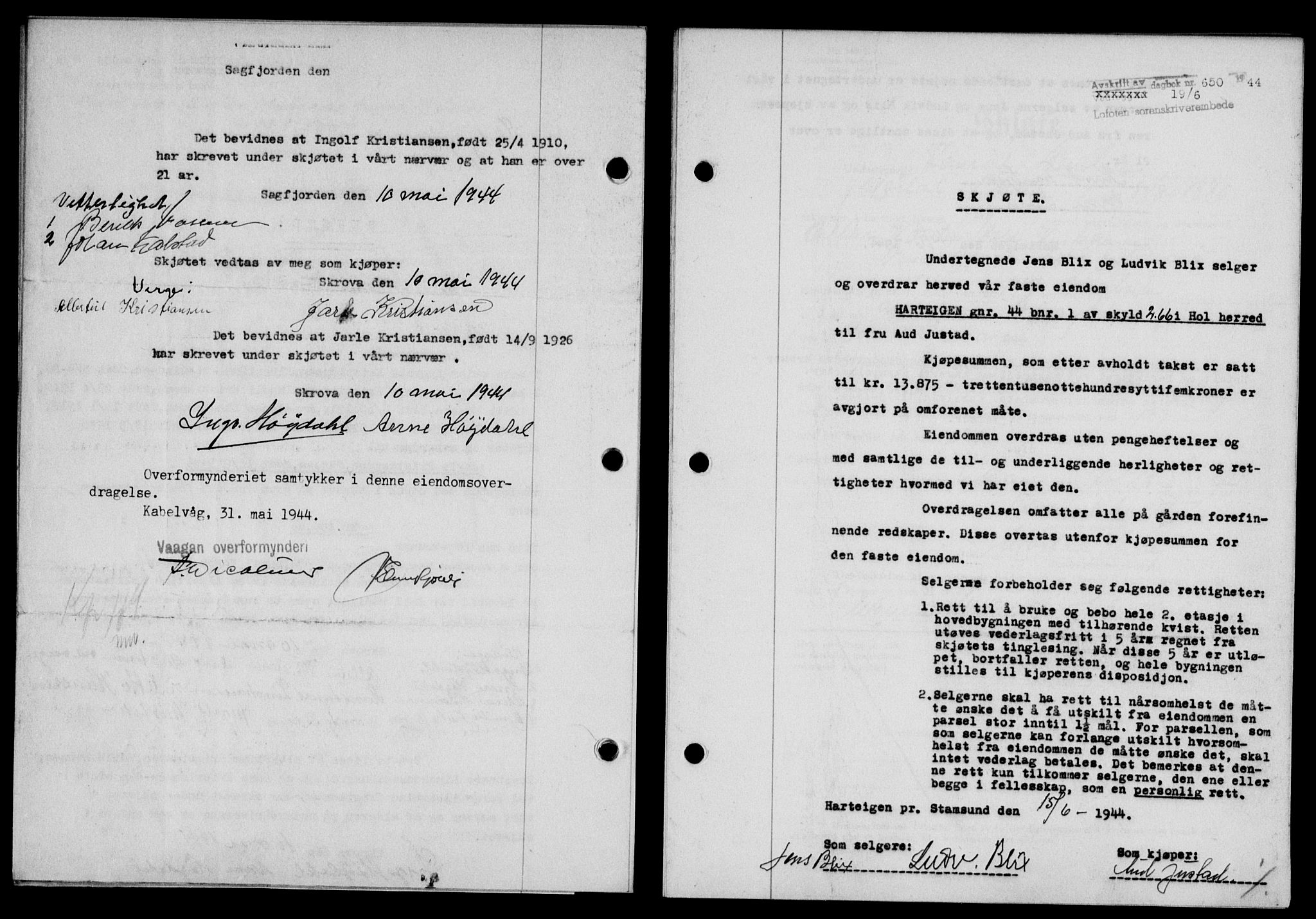 Lofoten sorenskriveri, SAT/A-0017/1/2/2C/L0012a: Mortgage book no. 12a, 1943-1944, Diary no: : 650/1944