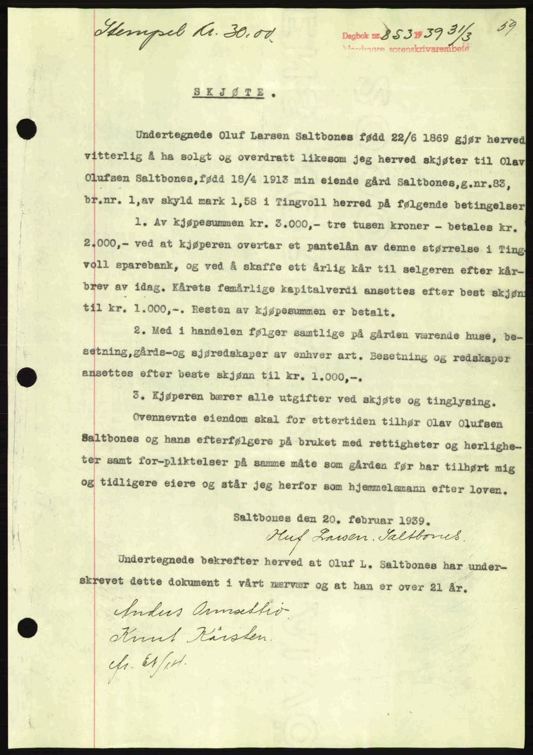 Nordmøre sorenskriveri, AV/SAT-A-4132/1/2/2Ca: Mortgage book no. A86, 1939-1939, Diary no: : 853/1939