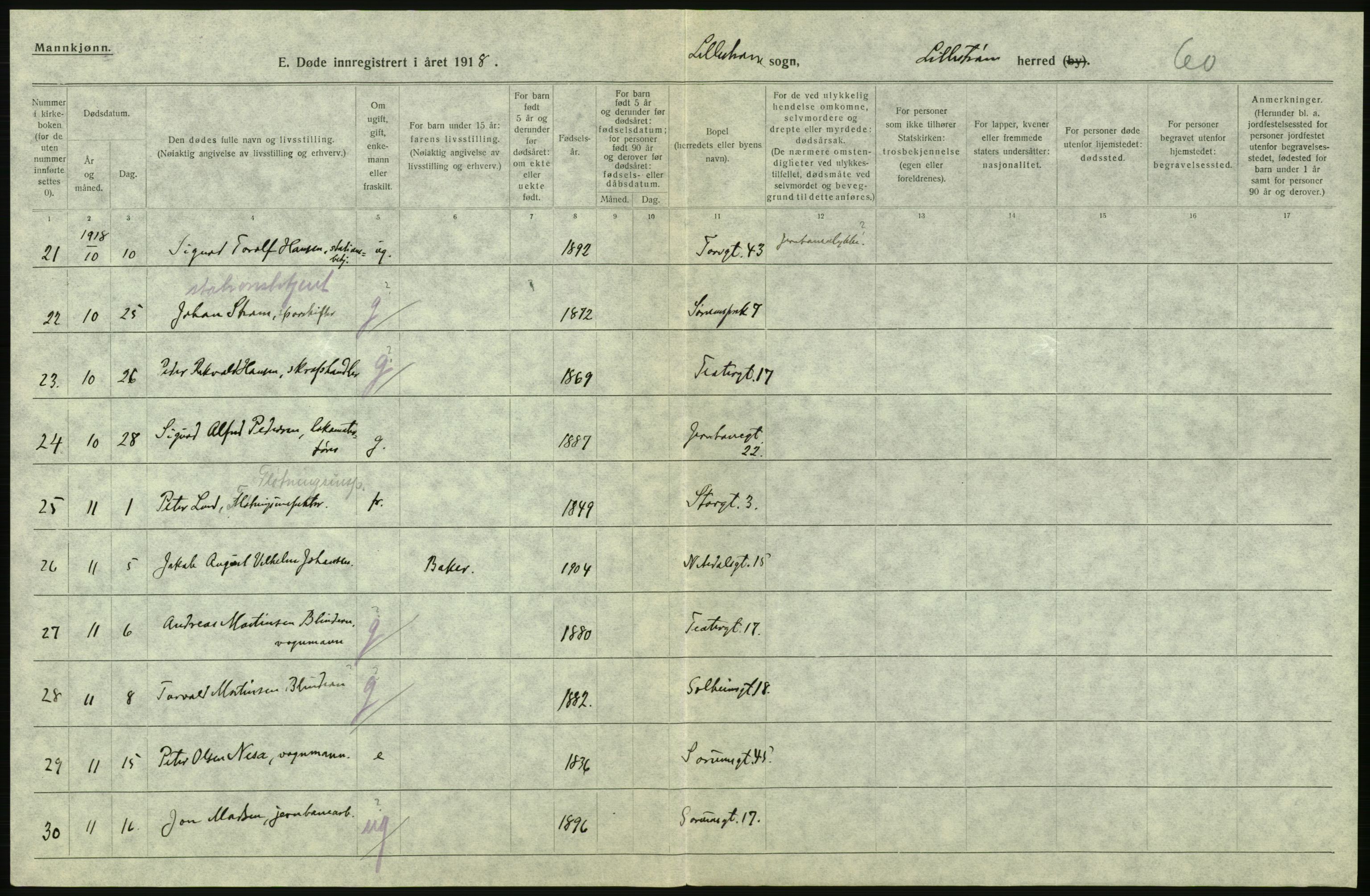 Statistisk sentralbyrå, Sosiodemografiske emner, Befolkning, RA/S-2228/D/Df/Dfb/Dfbh/L0006: Akershus fylke: Døde. Bygder og byer., 1918, p. 278