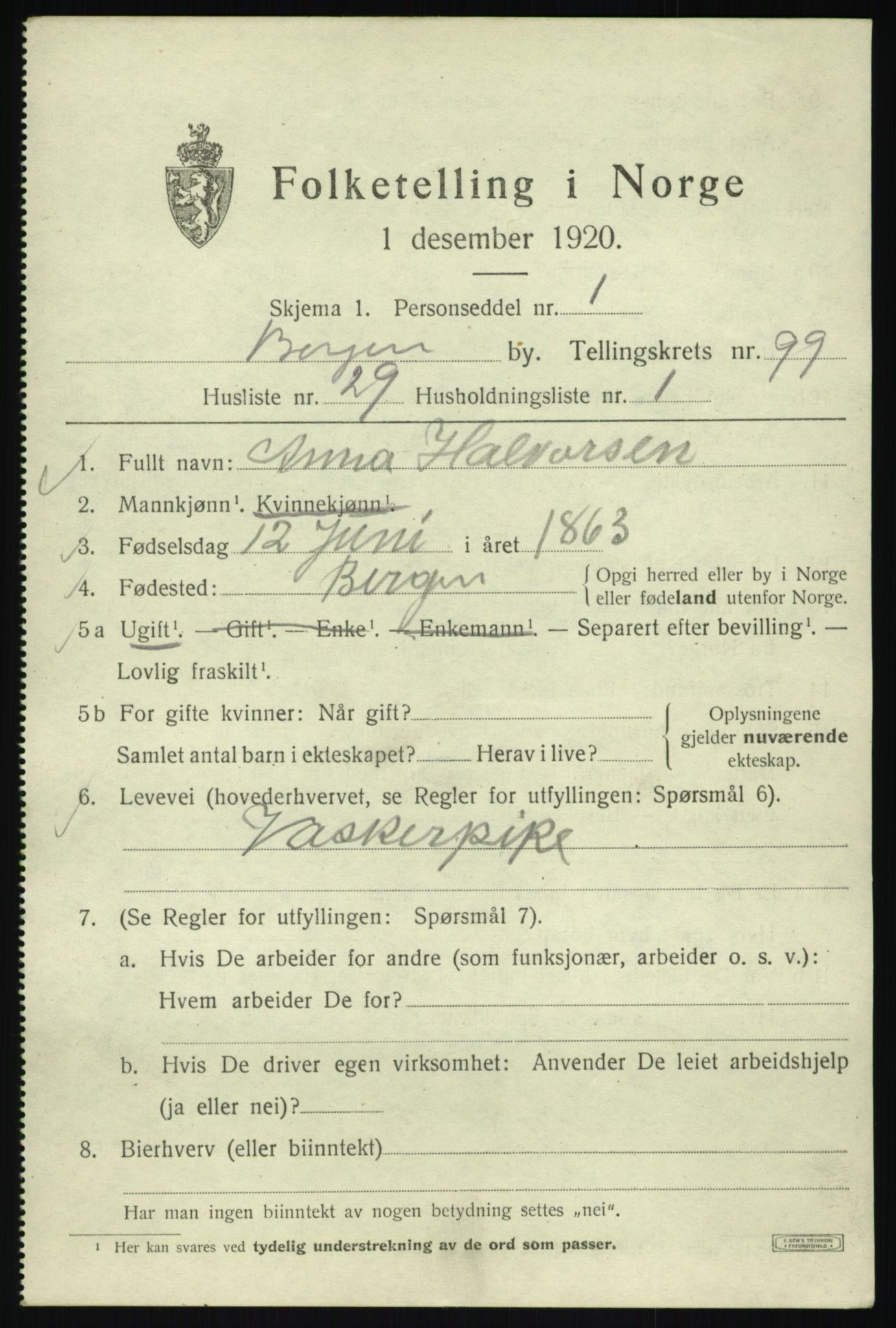 SAB, 1920 census for Bergen, 1920, p. 174752