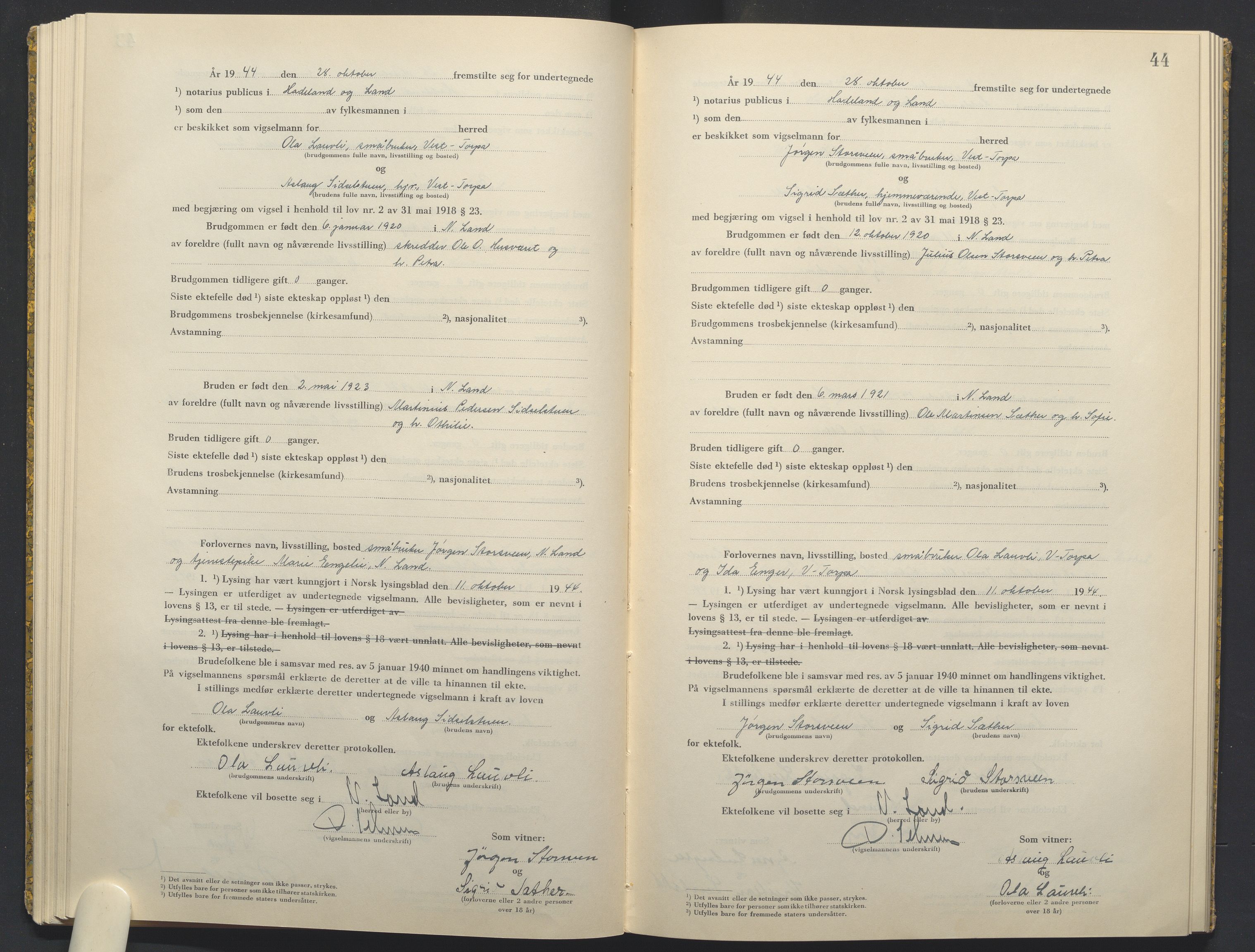 Hadeland og Land tingrett, AV/SAH-TING-010/L/Lb/L0003: Vigselbok, 1944-1946, p. 44