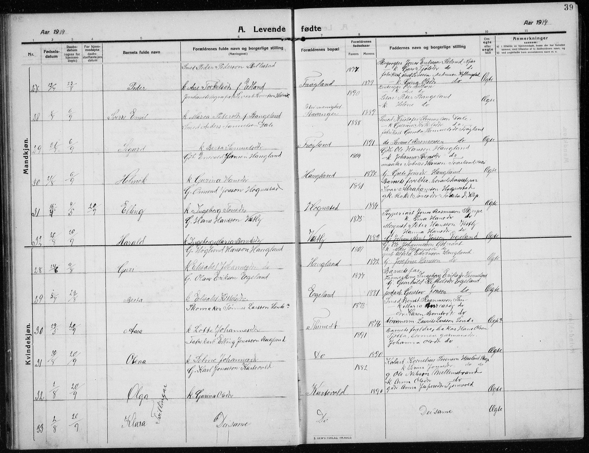 Time sokneprestkontor, AV/SAST-A-101795/001/30BB/L0001: Parish register (copy) no. B 1, 1910-1932, p. 39