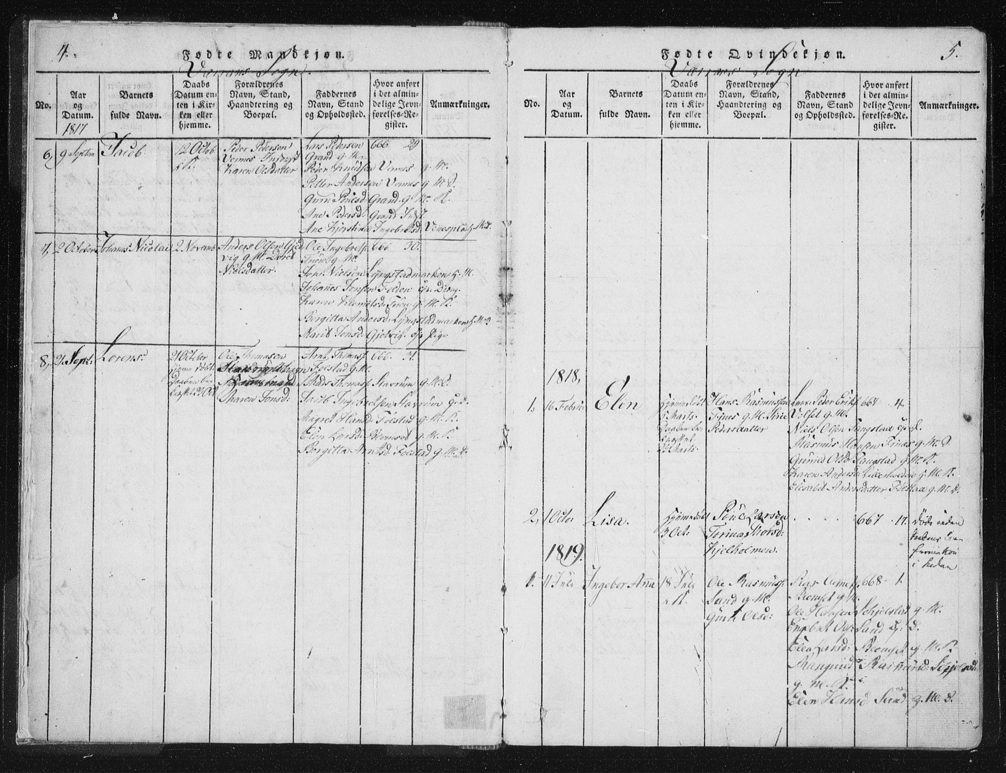 Ministerialprotokoller, klokkerbøker og fødselsregistre - Nord-Trøndelag, SAT/A-1458/744/L0417: Parish register (official) no. 744A01, 1817-1842, p. 4-5