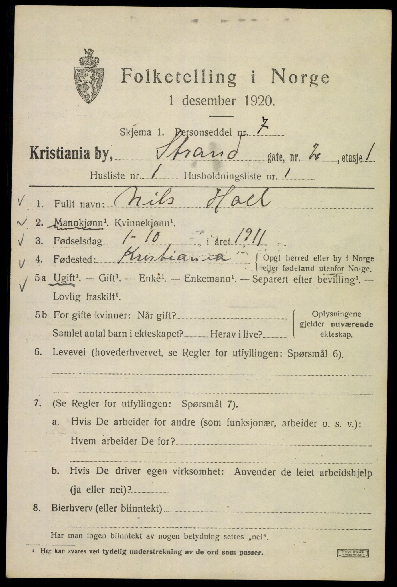 SAO, 1920 census for Kristiania, 1920, p. 550845