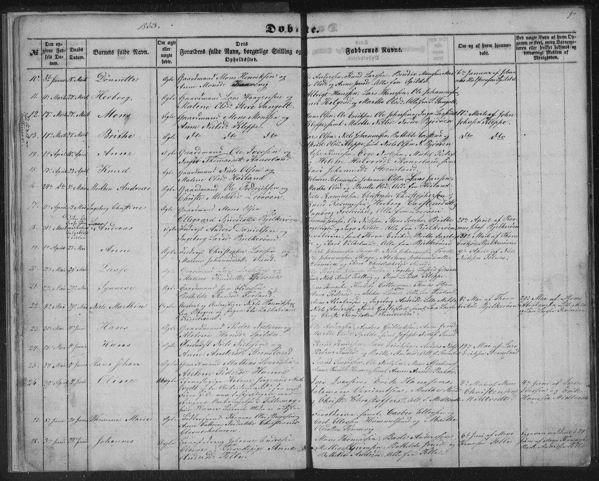 Sund sokneprestembete, AV/SAB-A-99930: Parish register (copy) no. B 1, 1852-1873, p. 5