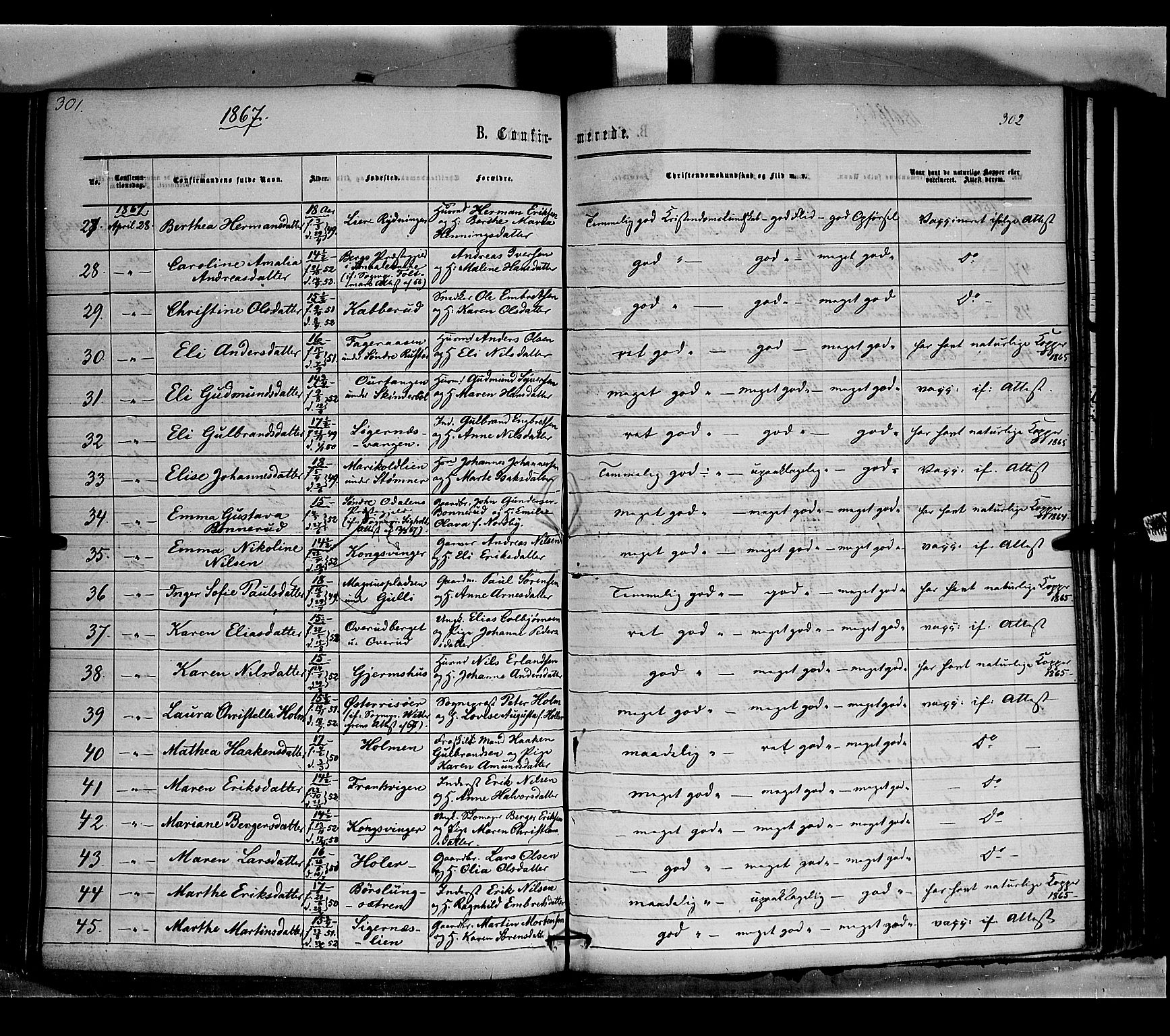 Vinger prestekontor, AV/SAH-PREST-024/H/Ha/Haa/L0011: Parish register (official) no. 11, 1862-1870, p. 302