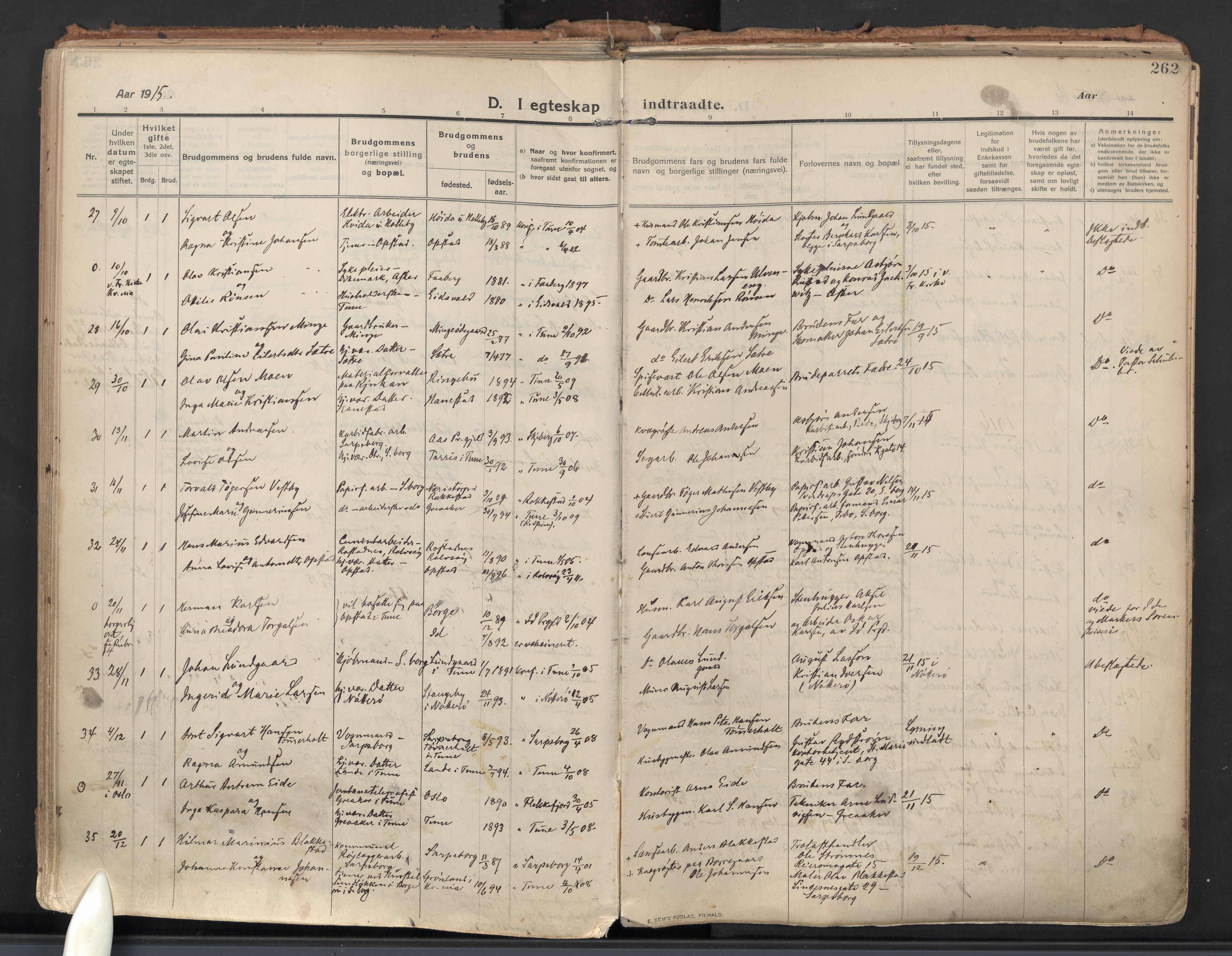 Tune prestekontor Kirkebøker, AV/SAO-A-2007/F/Fa/L0021: Parish register (official) no. 21, 1910-1916, p. 262