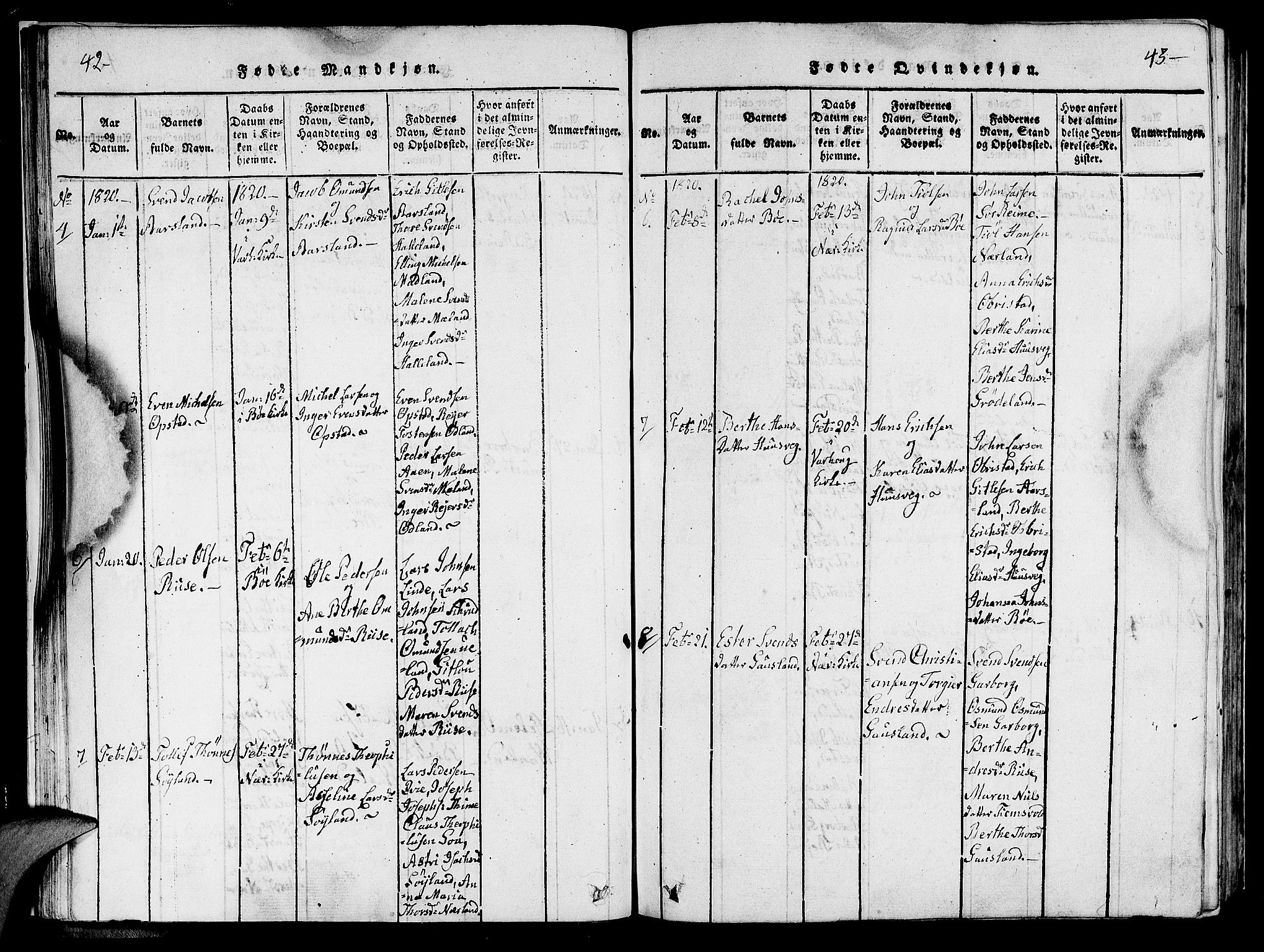 Hå sokneprestkontor, SAST/A-101801/001/30BA/L0003: Parish register (official) no. A 3, 1815-1825, p. 42-43