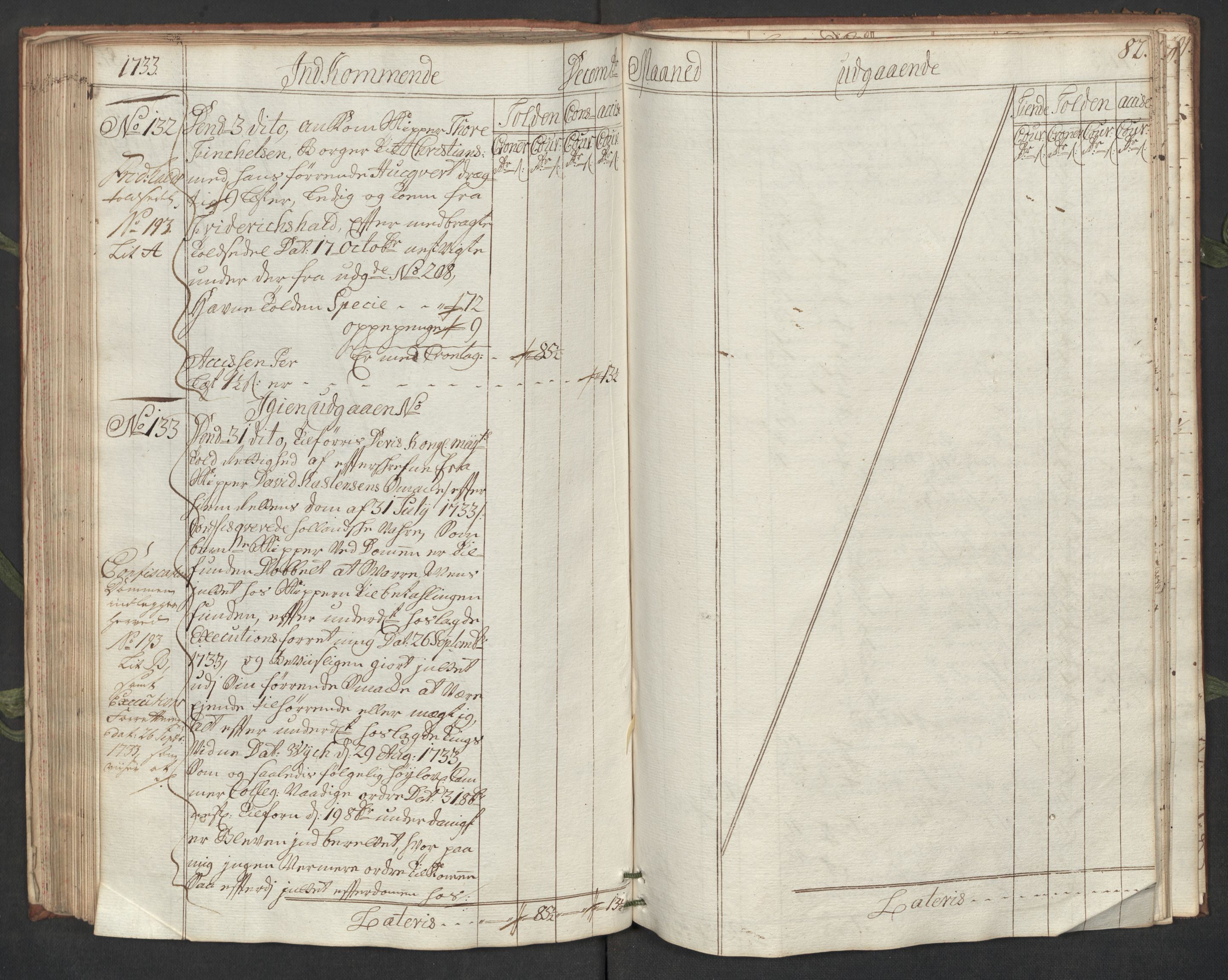Generaltollkammeret, tollregnskaper, AV/RA-EA-5490/R19/L0007/0001: Tollregnskaper Flekkefjord / Hovedtollbok, 1733, p. 81b-82a