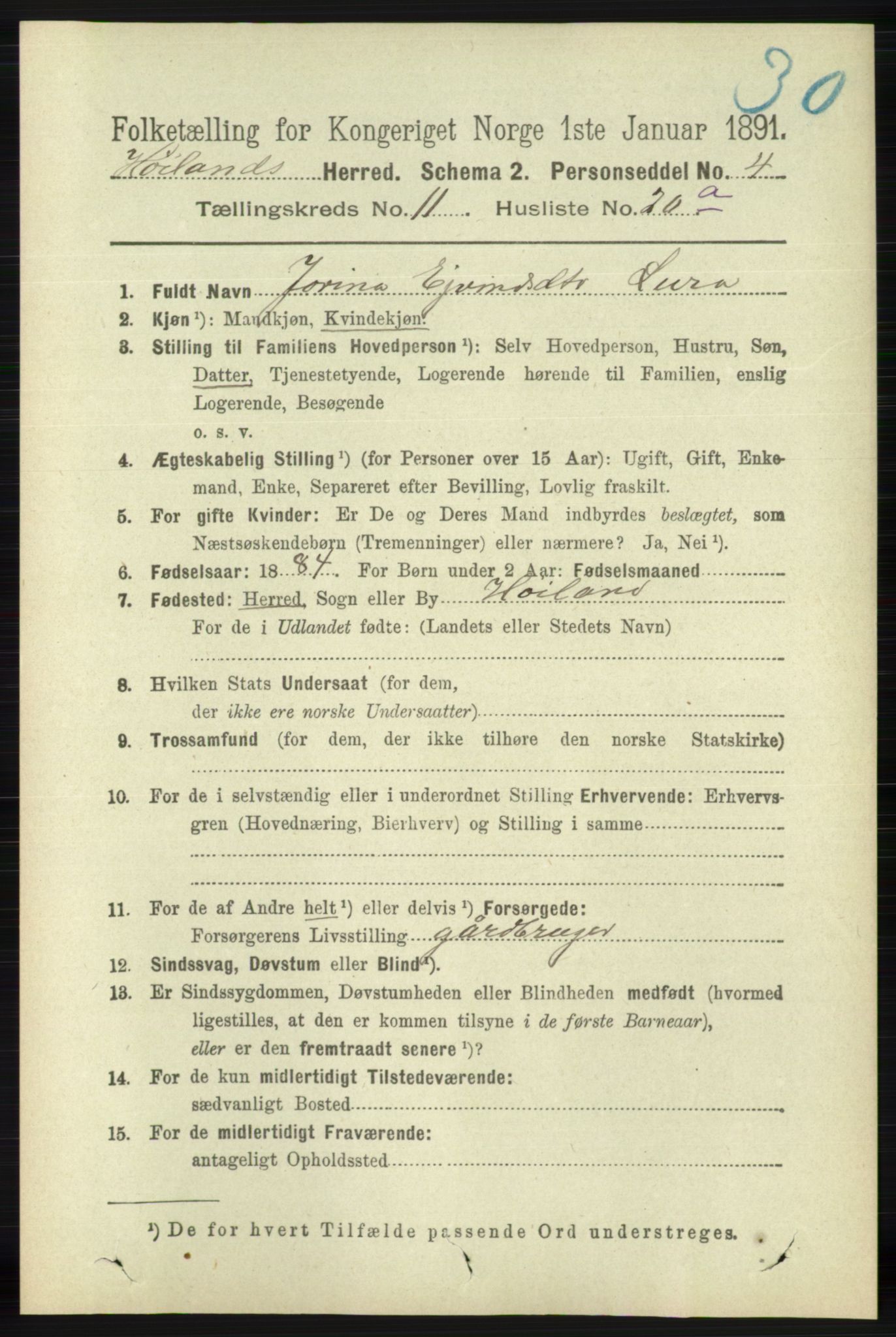 RA, 1891 census for 1123 Høyland, 1891, p. 4592