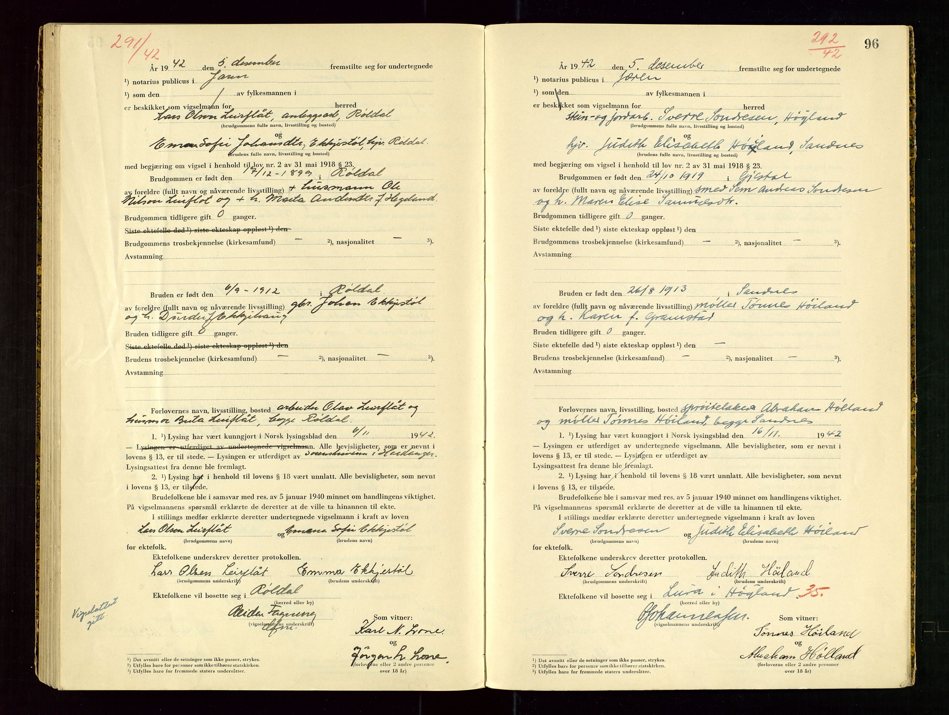 Jæren sorenskriveri, AV/SAST-A-100310/01/6/62/62BA/L0003: VIGSELSPROTOKOLL, 1942, p. 96