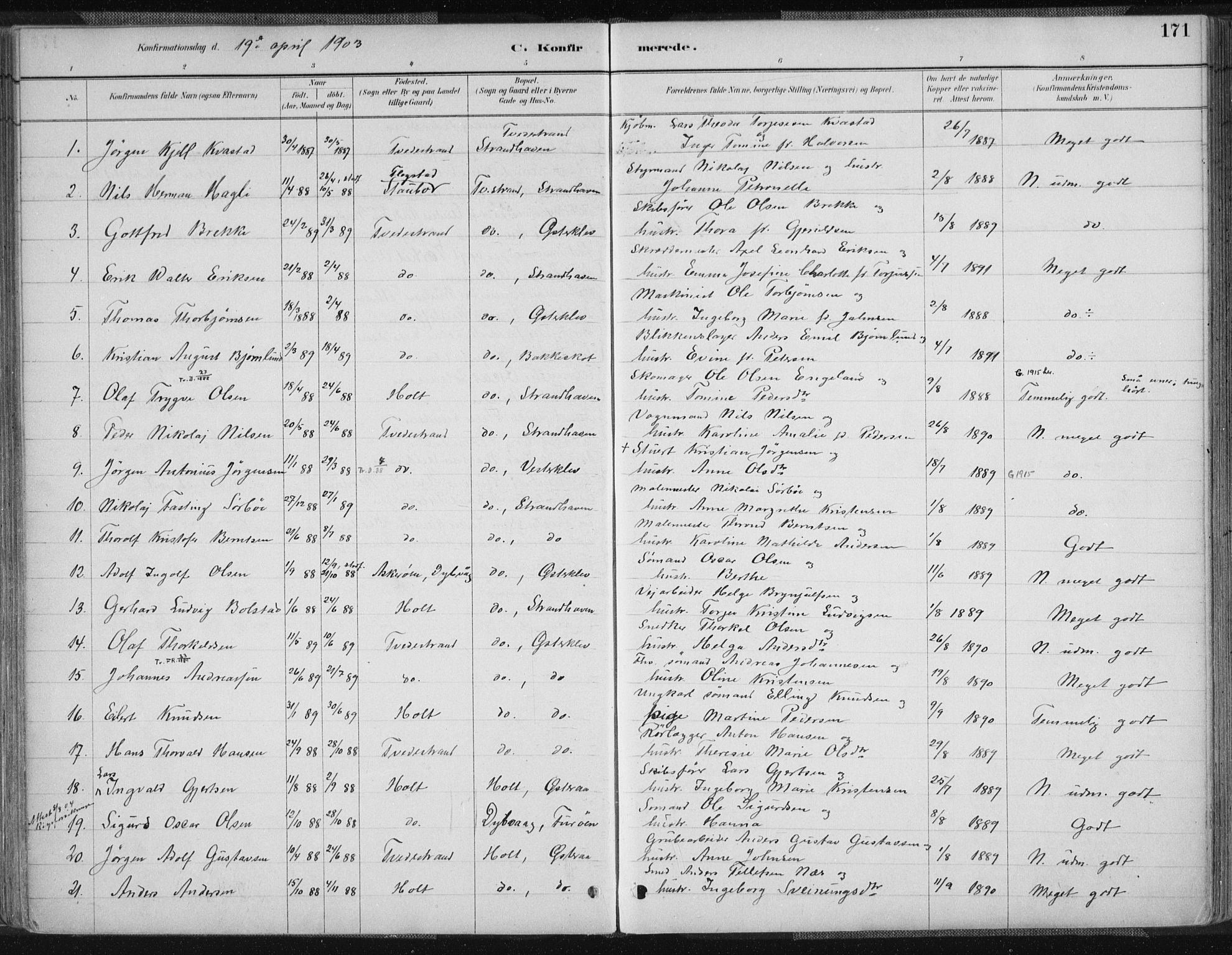 Tvedestrand sokneprestkontor, AV/SAK-1111-0042/F/Fa/L0001: Parish register (official) no. A 1, 1885-1916, p. 171