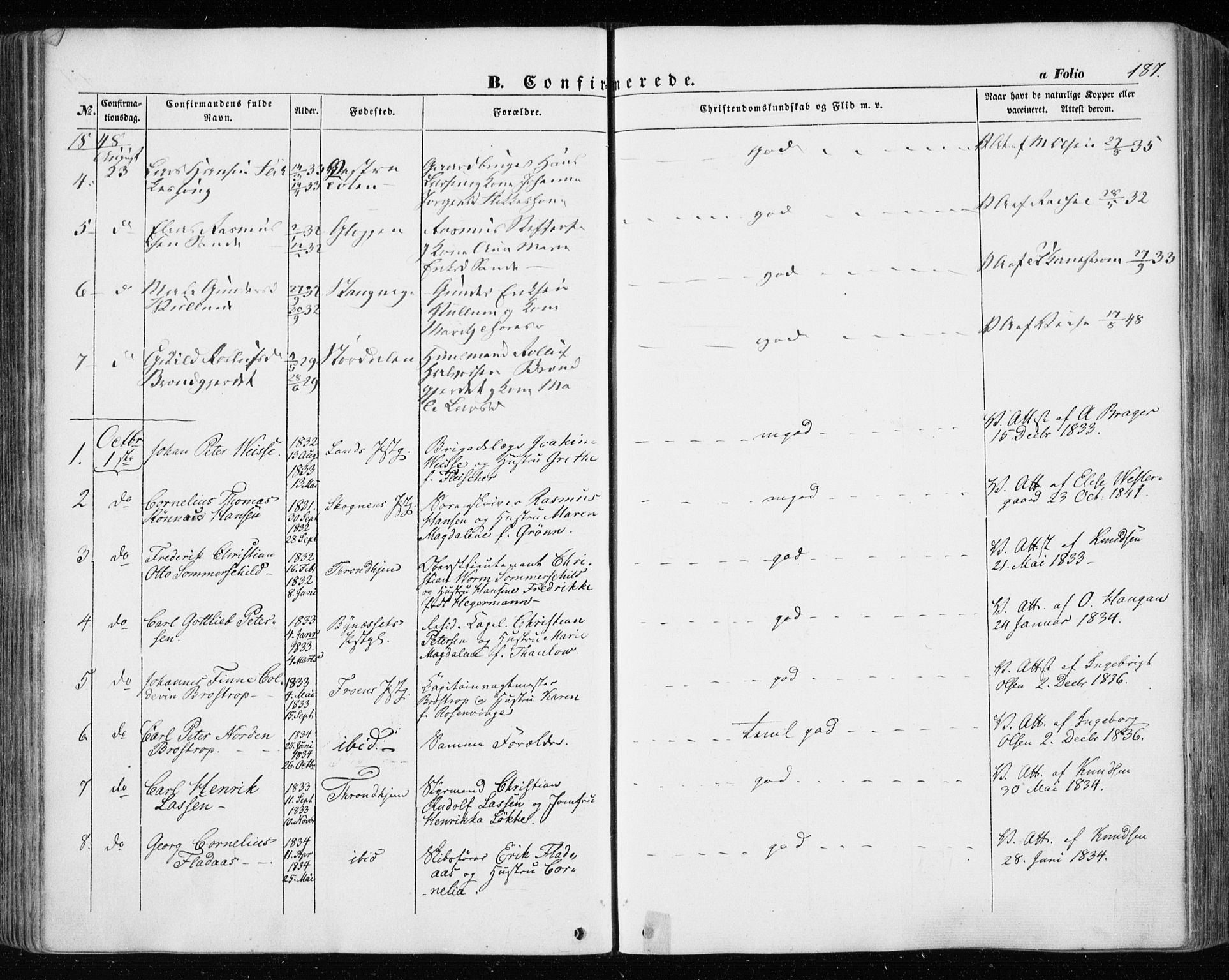 Ministerialprotokoller, klokkerbøker og fødselsregistre - Sør-Trøndelag, AV/SAT-A-1456/601/L0051: Parish register (official) no. 601A19, 1848-1857, p. 187