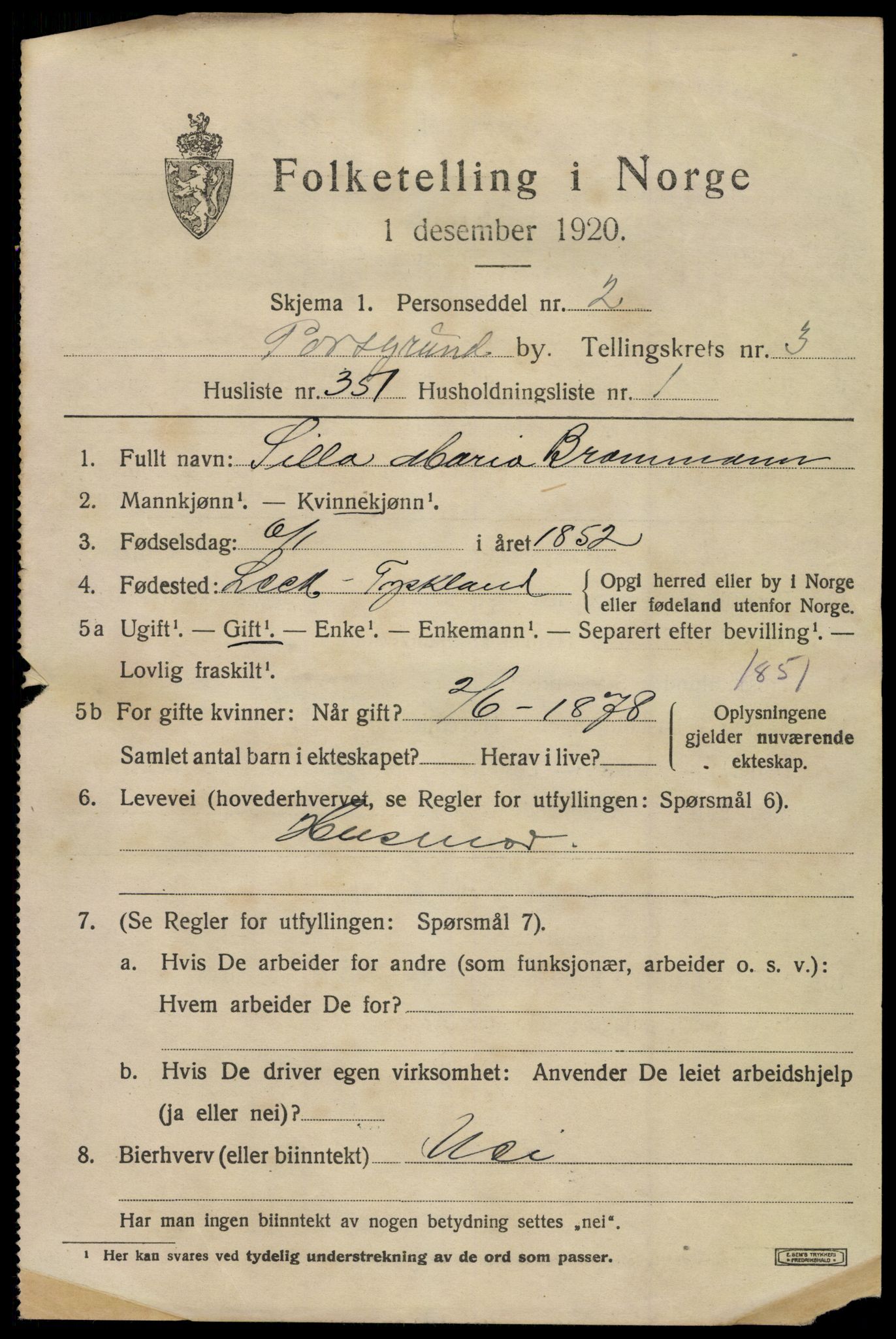 SAKO, 1920 census for Porsgrunn, 1920, p. 18891