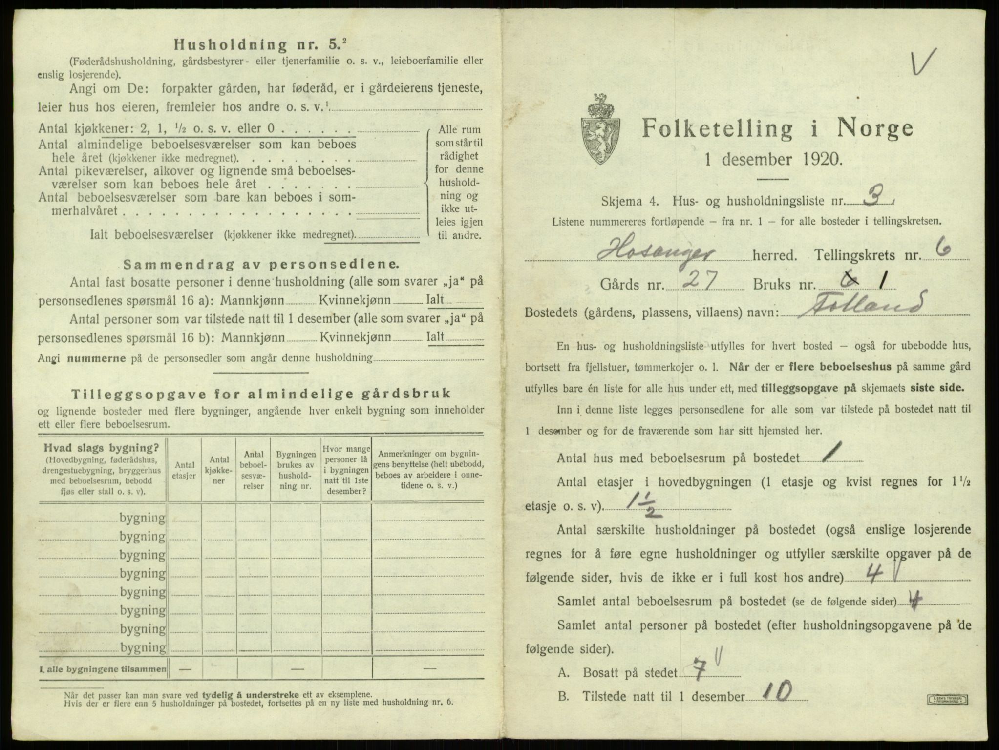 SAB, 1920 census for Hosanger, 1920, p. 320