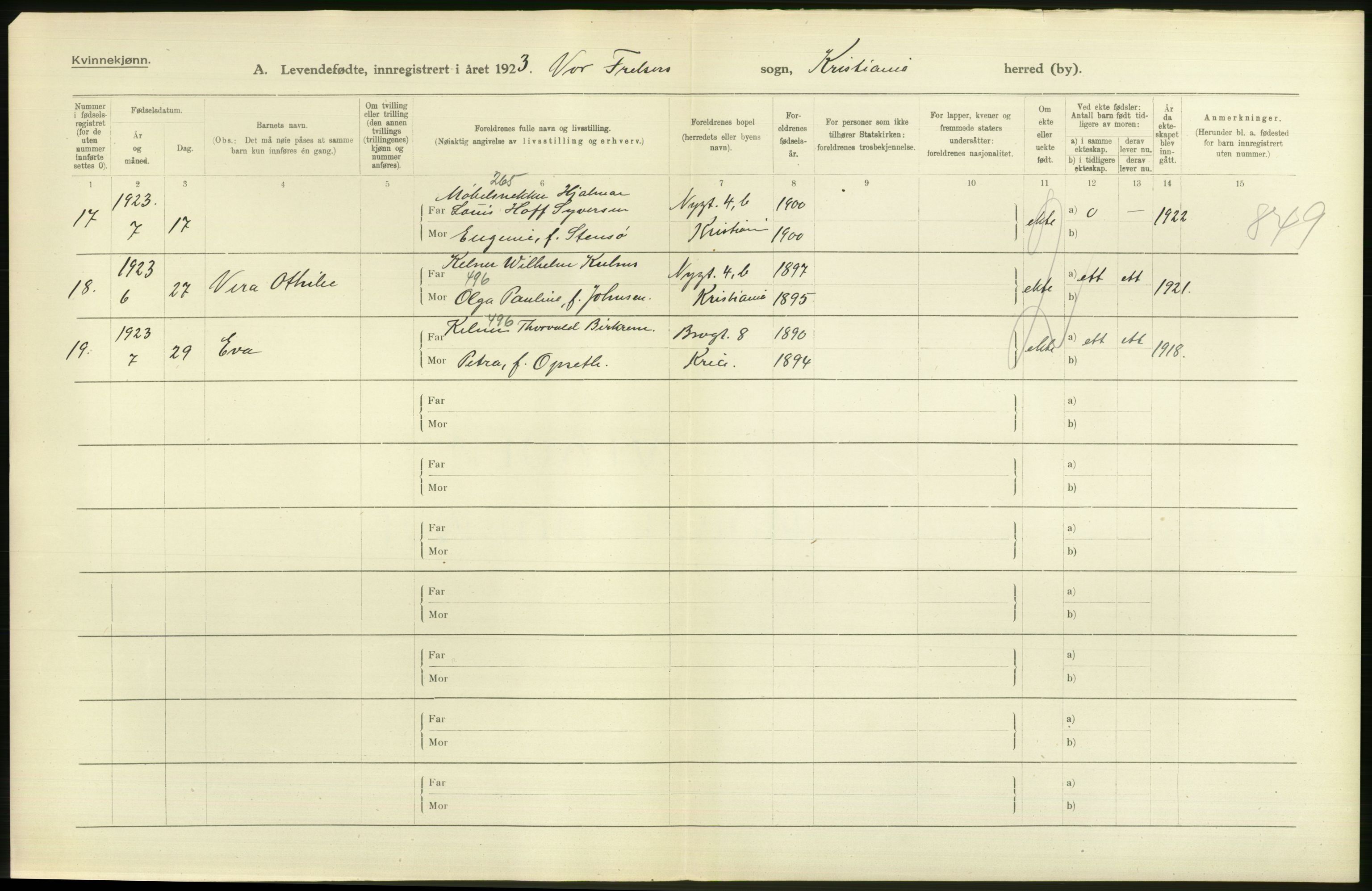 Statistisk sentralbyrå, Sosiodemografiske emner, Befolkning, AV/RA-S-2228/D/Df/Dfc/Dfcc/L0006: Kristiania: Levendefødte menn og kvinner., 1923, p. 798