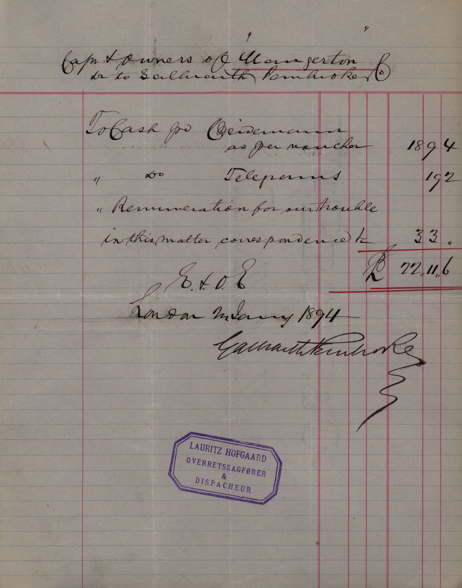 Pa 63 - Østlandske skibsassuranceforening, VEMU/A-1079/G/Ga/L0030/0001: Havaridokumenter / Leif, Korsvei, Margret, Mangerton, Mathilde, Island, Andover, 1893, p. 184