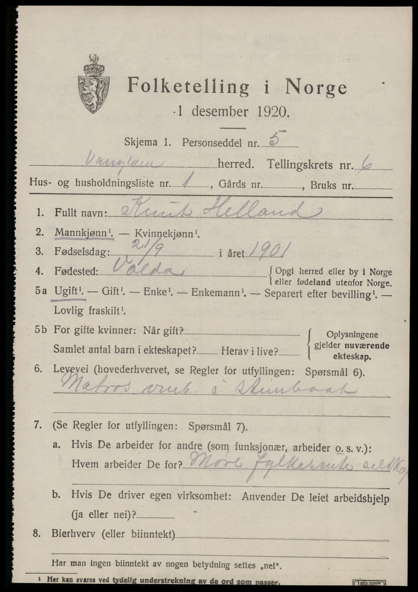 SAT, 1920 census for Vanylven, 1920, p. 3281