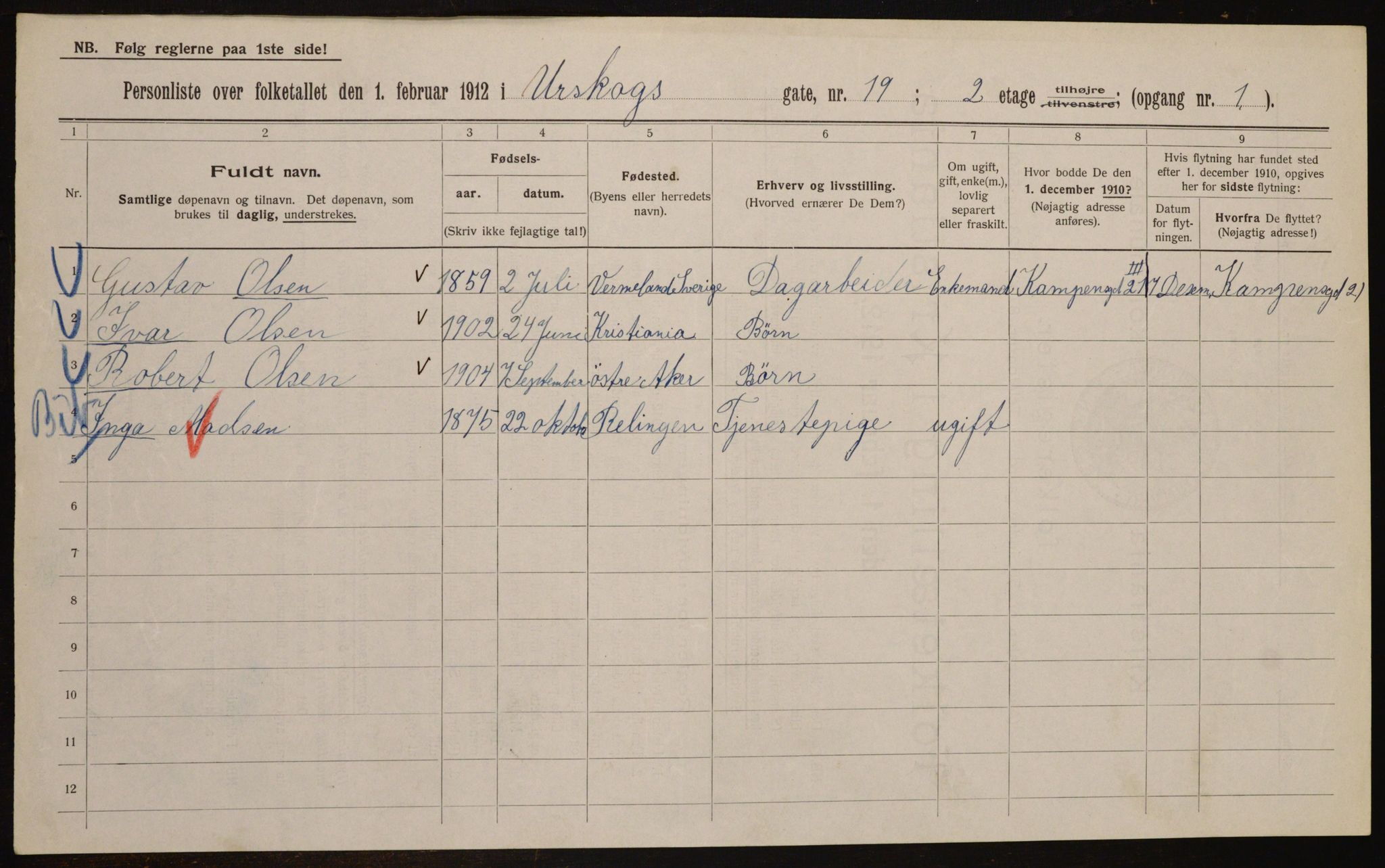 OBA, Municipal Census 1912 for Kristiania, 1912, p. 2543