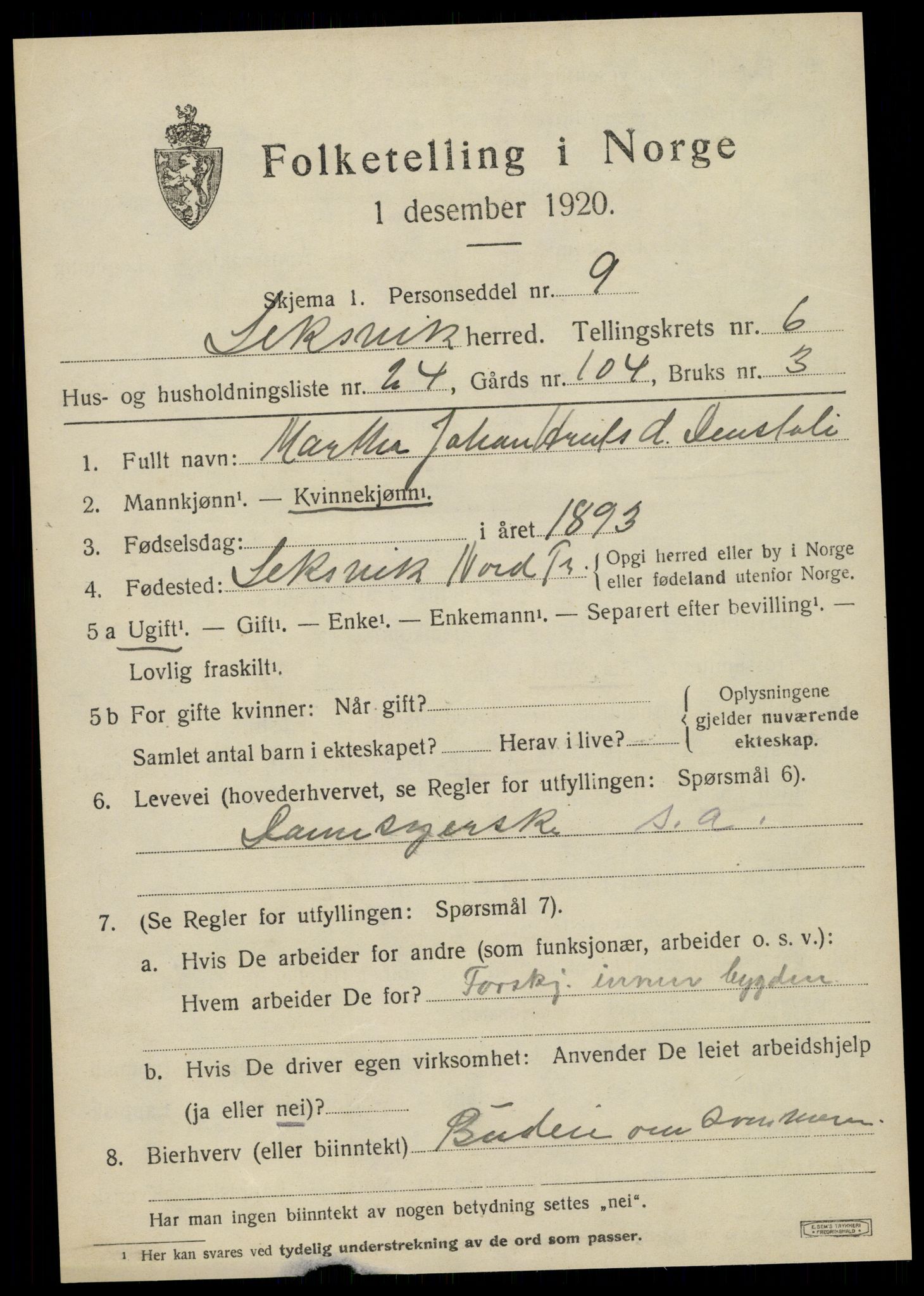 SAT, 1920 census for Leksvik, 1920, p. 5736