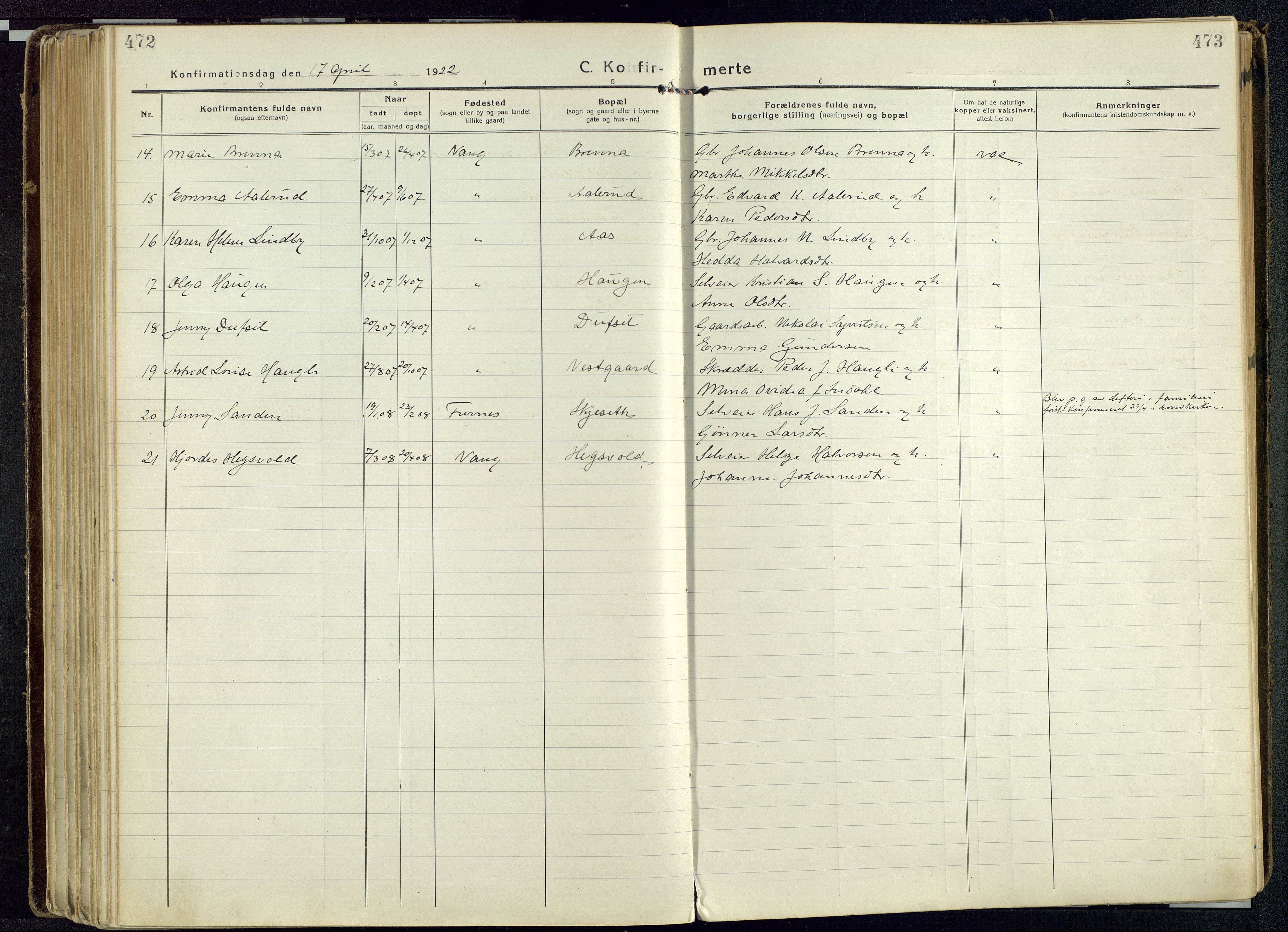 Vang prestekontor, Hedmark, AV/SAH-PREST-008/H/Ha/Haa/L0022: Parish register (official) no. 22, 1918-1944, p. 472-473