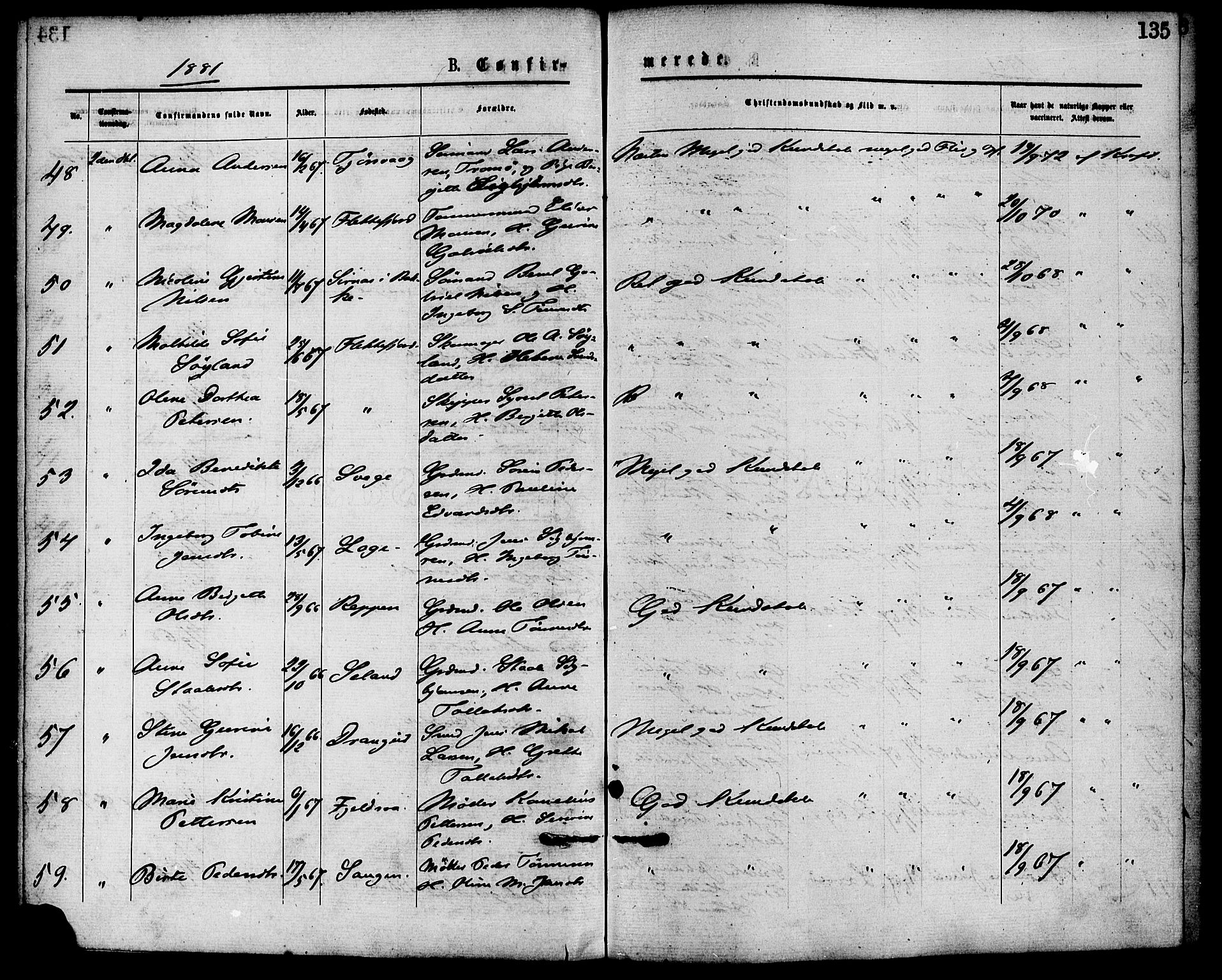 Flekkefjord sokneprestkontor, AV/SAK-1111-0012/F/Fa/Fac/L0007: Parish register (official) no. A 7, 1875-1885, p. 135