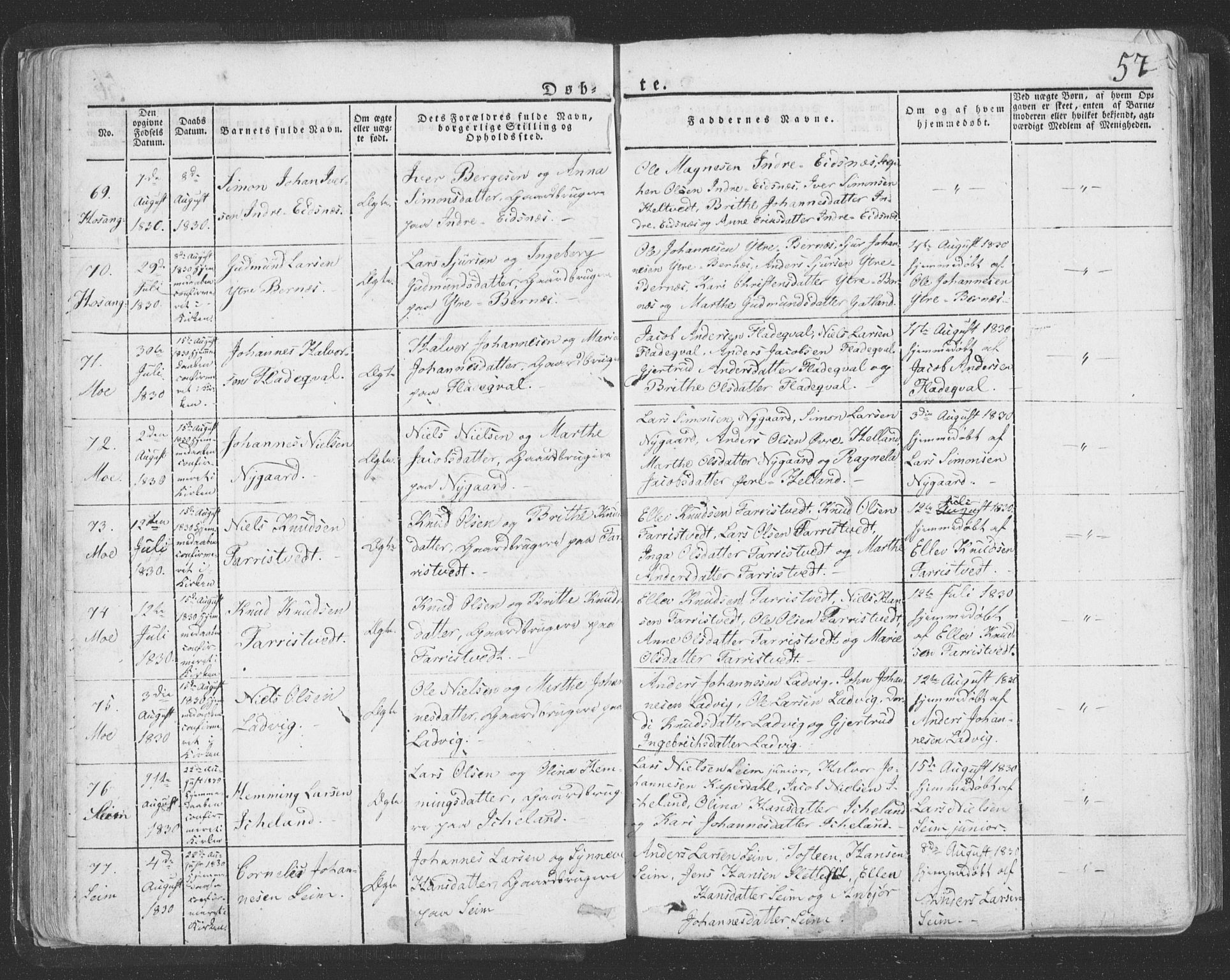 Hosanger sokneprestembete, AV/SAB-A-75801/H/Haa: Parish register (official) no. A 6, 1824-1835, p. 57