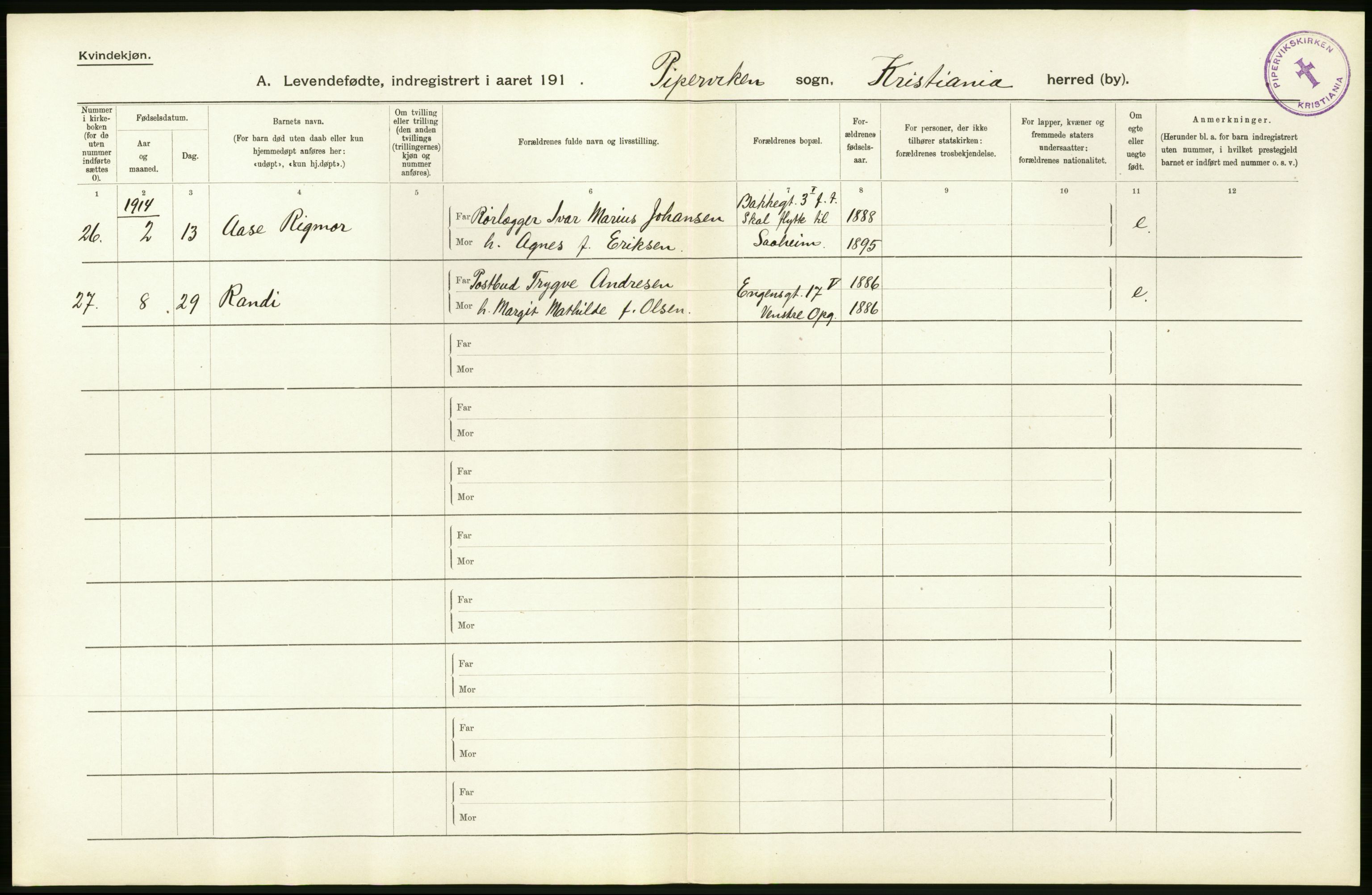 Statistisk sentralbyrå, Sosiodemografiske emner, Befolkning, AV/RA-S-2228/D/Df/Dfb/Dfbd/L0005: Kristiania: Levendefødte menn og kvinner., 1914, p. 20