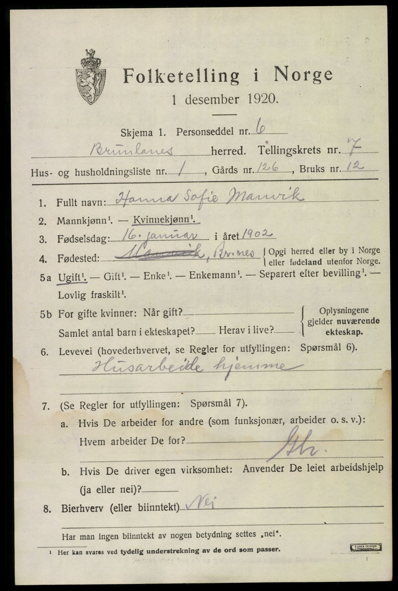 SAKO, 1920 census for Brunlanes, 1920, p. 7065