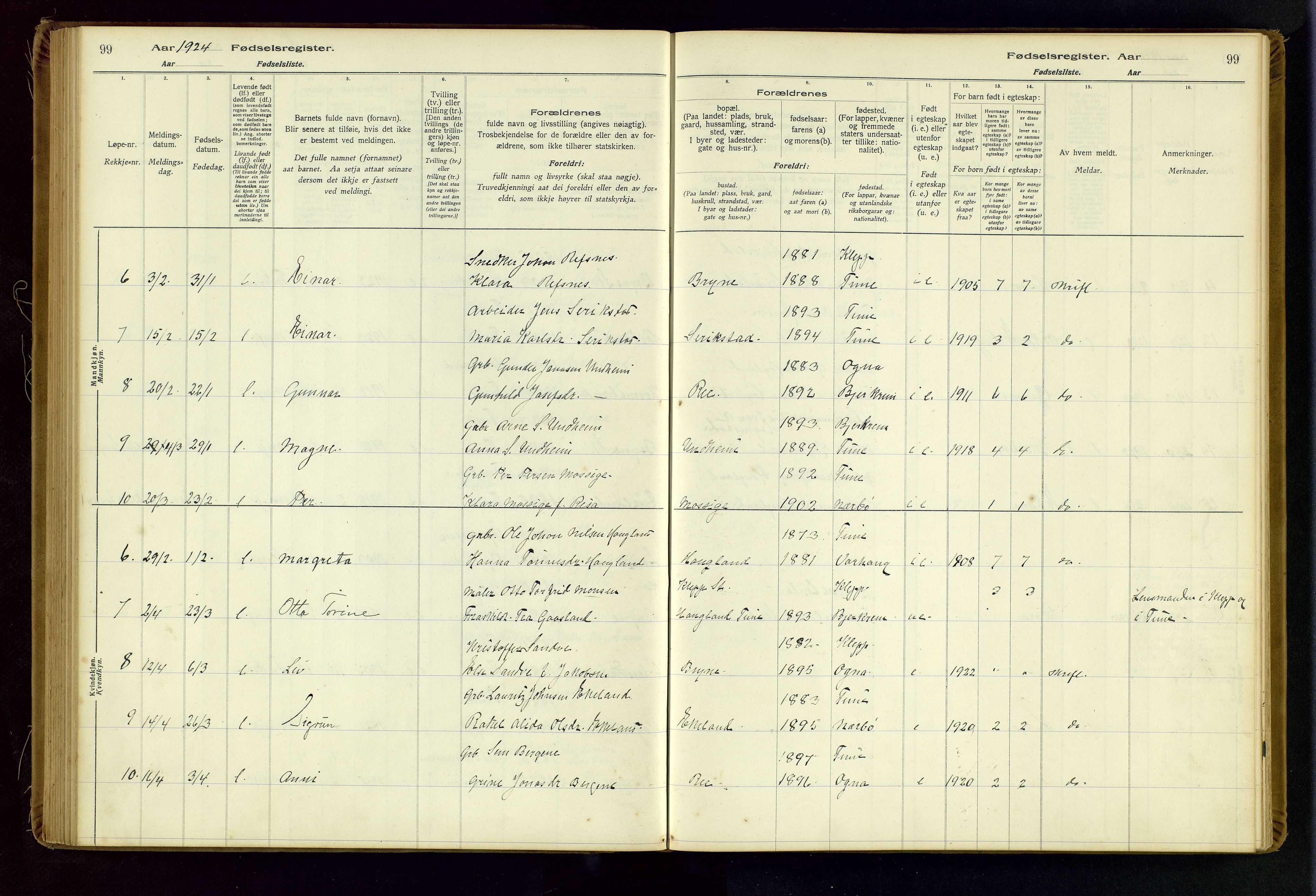 Time sokneprestkontor, AV/SAST-A-101795/001/704BA/L0001: Birth register no. 1, 1916-1934, p. 99