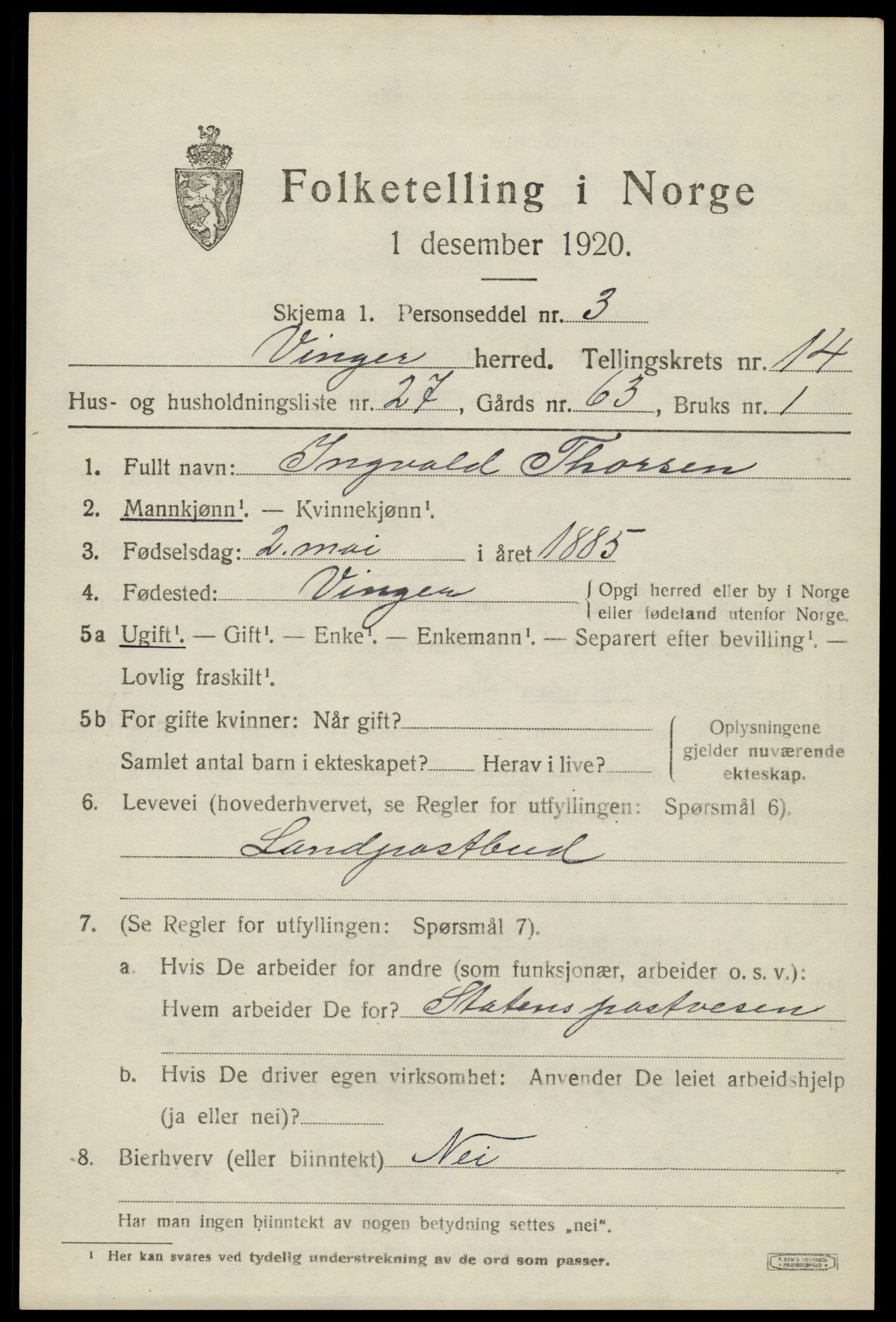 SAH, 1920 census for Vinger, 1920, p. 11680