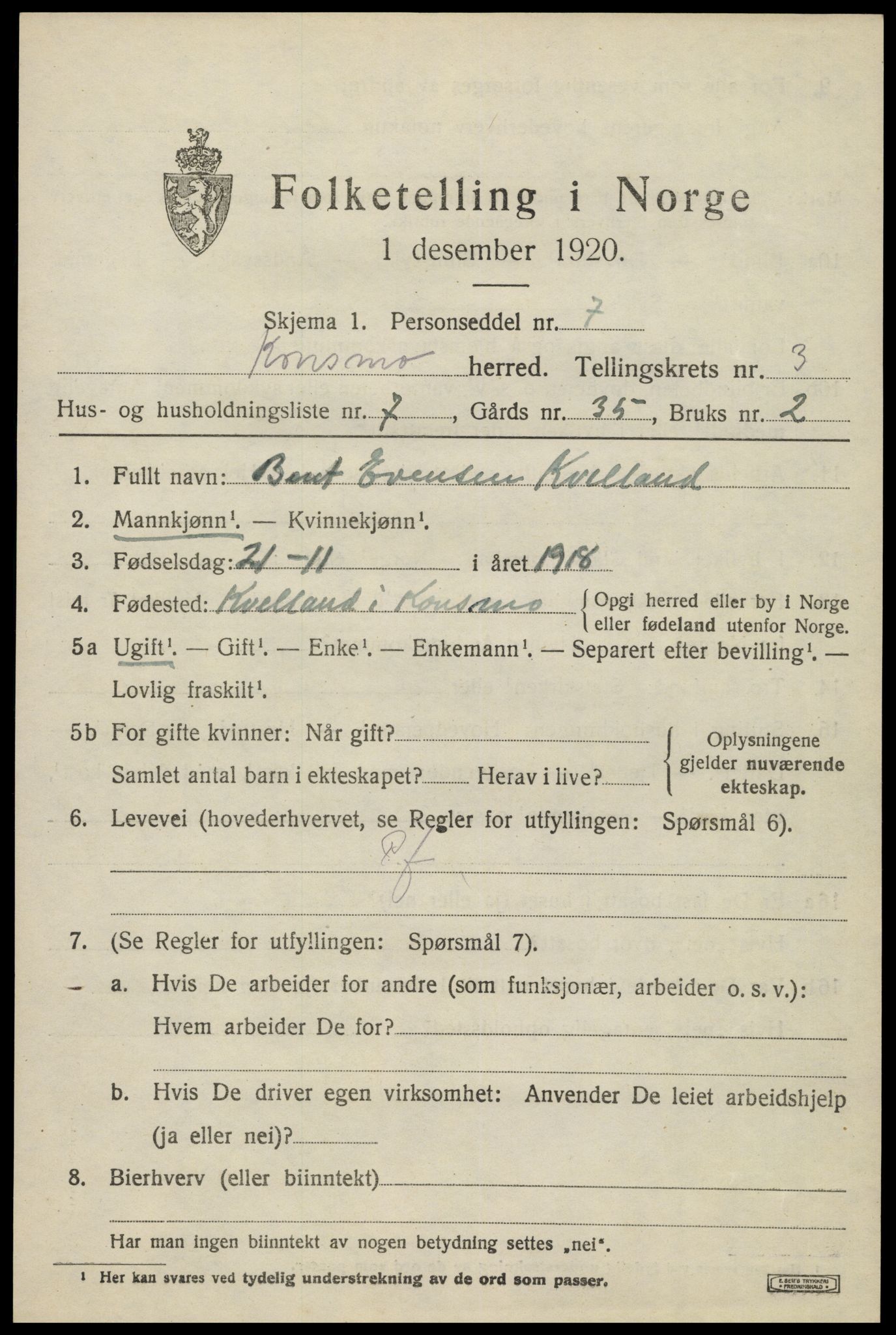 SAK, 1920 census for Konsmo, 1920, p. 1192