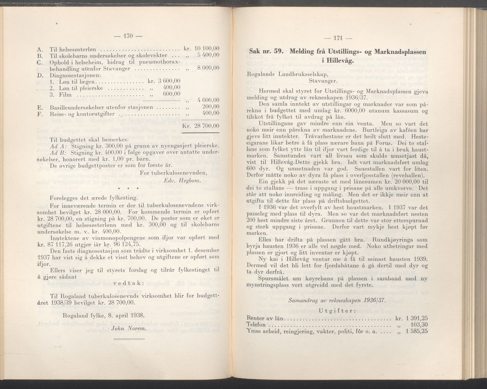 Rogaland fylkeskommune - Fylkesrådmannen , IKAR/A-900/A/Aa/Aaa/L0057: Møtebok , 1938, p. 170-171