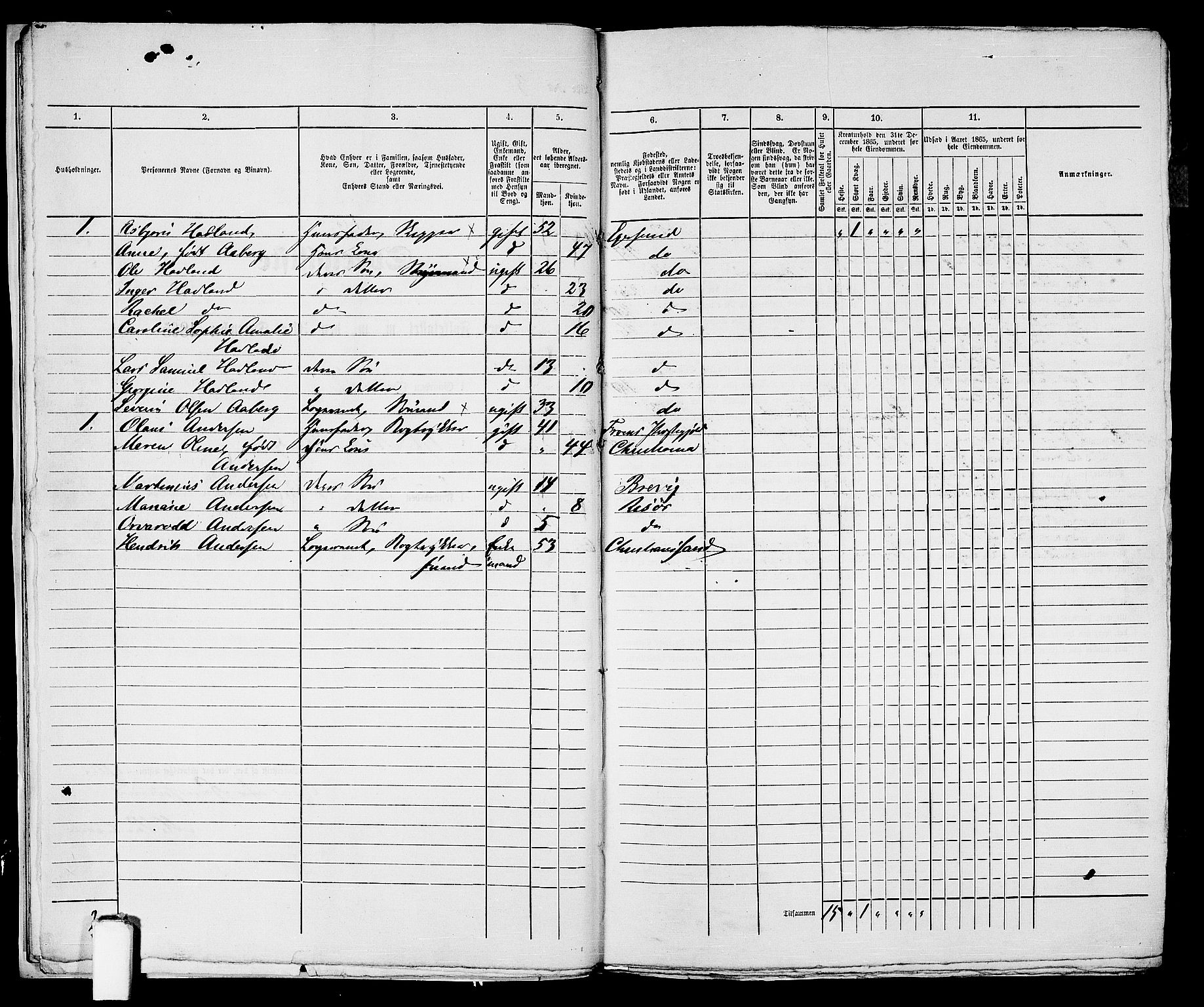 RA, 1865 census for Eigersund parish, Egersund town, 1865, p. 15