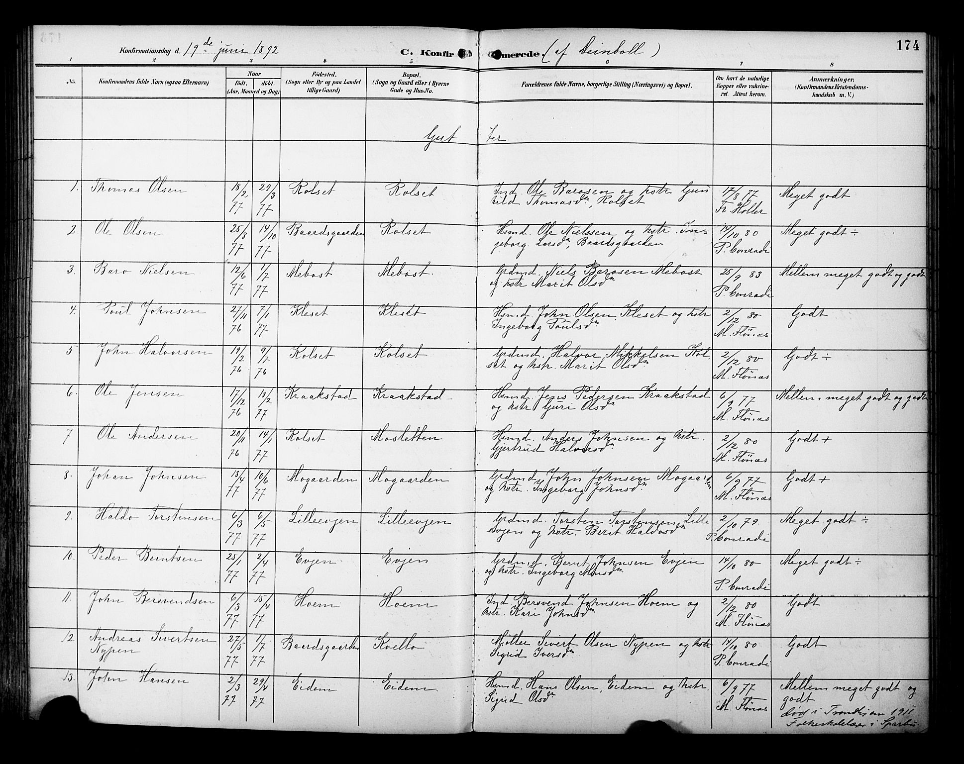 Ministerialprotokoller, klokkerbøker og fødselsregistre - Sør-Trøndelag, AV/SAT-A-1456/695/L1149: Parish register (official) no. 695A09, 1891-1902, p. 174