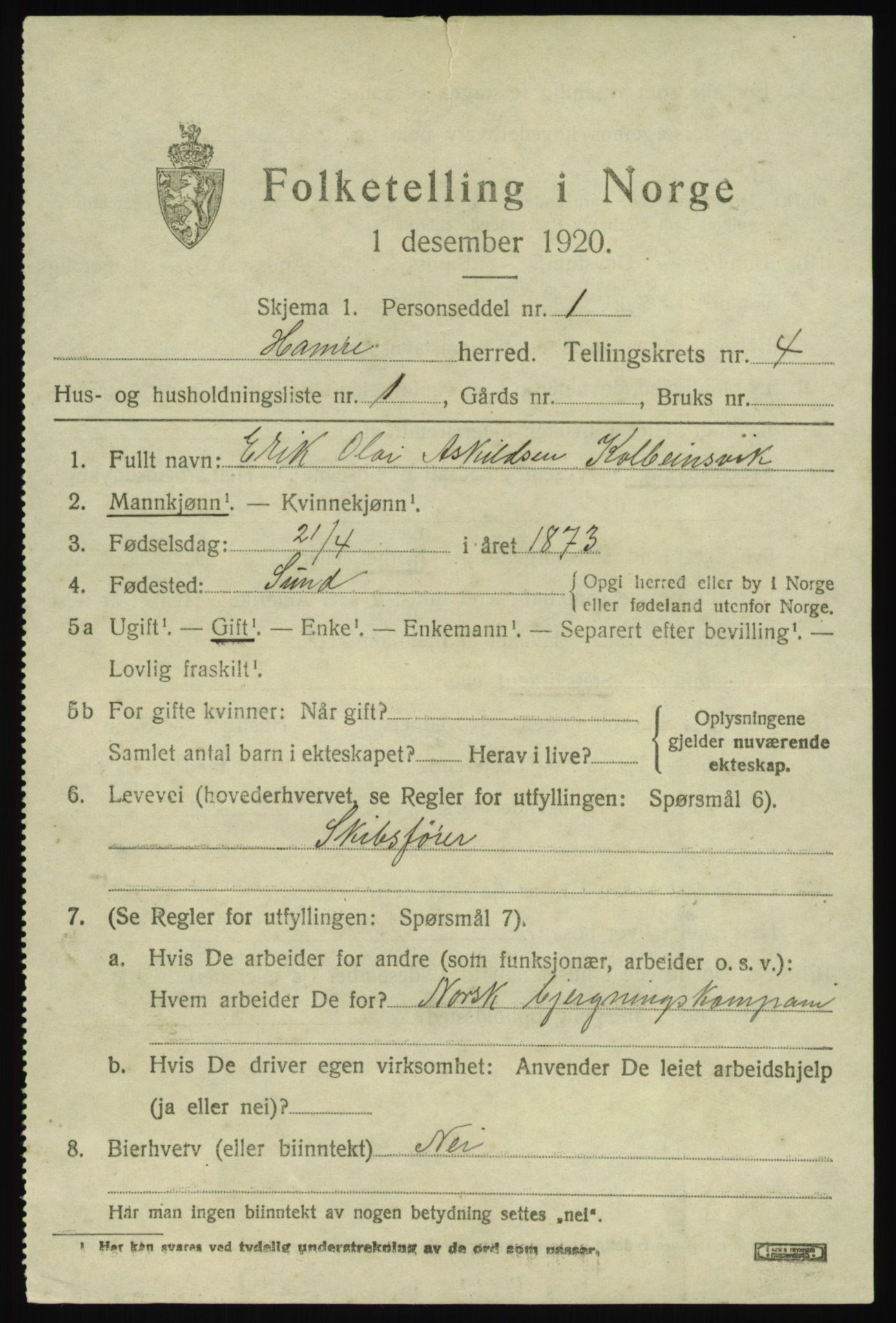 SAB, 1920 census for Hamre, 1920, p. 2339