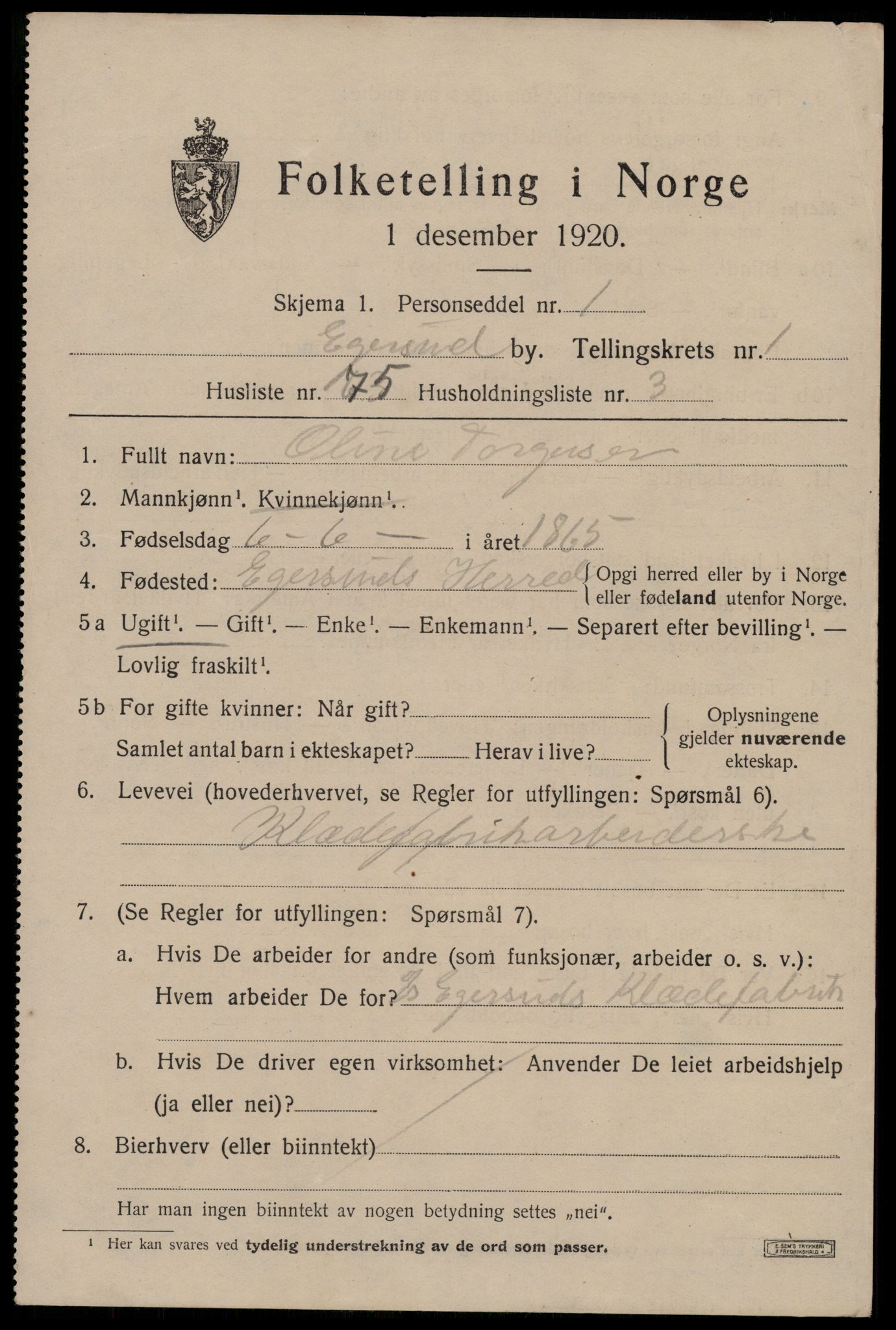 SAST, 1920 census for Egersund town, 1920, p. 3772