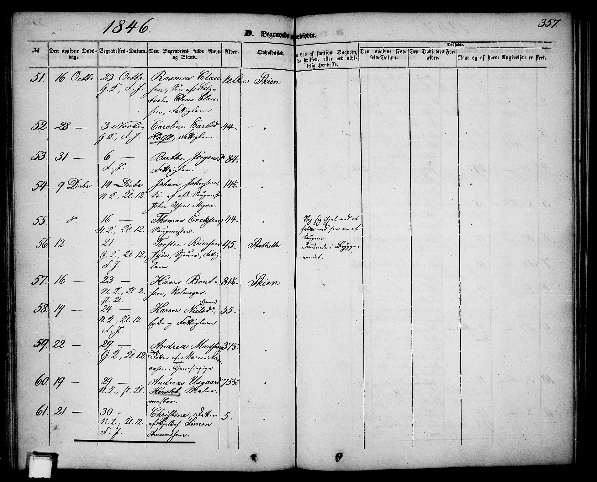 Skien kirkebøker, SAKO/A-302/G/Ga/L0004: Parish register (copy) no. 4, 1843-1867, p. 357