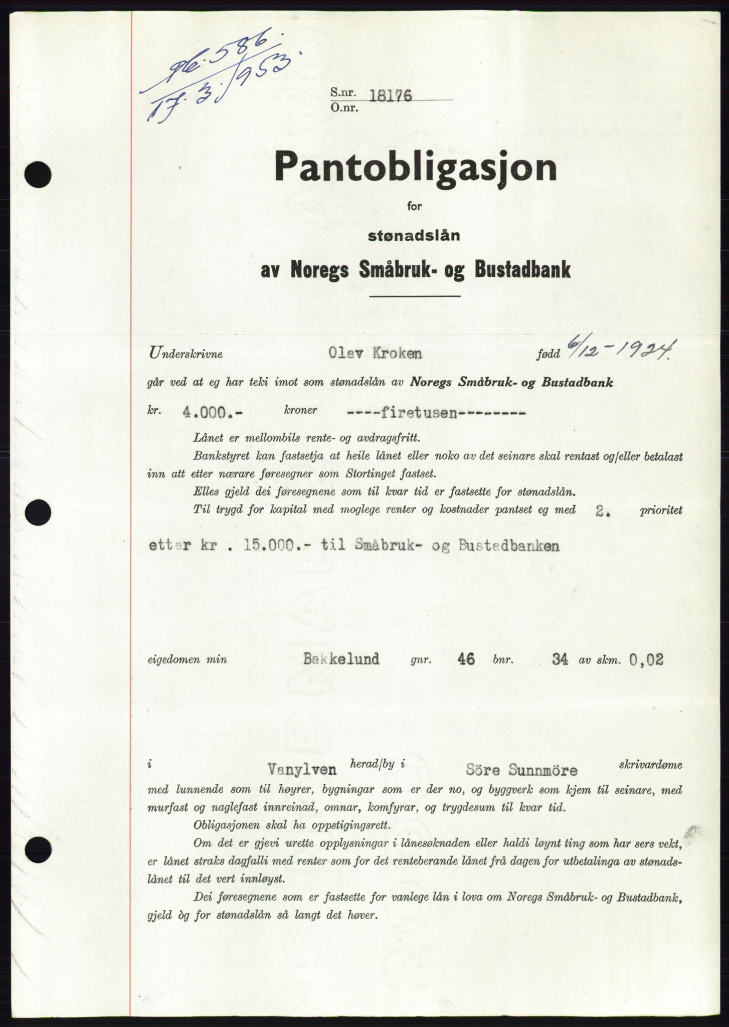 Søre Sunnmøre sorenskriveri, AV/SAT-A-4122/1/2/2C/L0123: Mortgage book no. 11B, 1953-1953, Diary no: : 586/1953