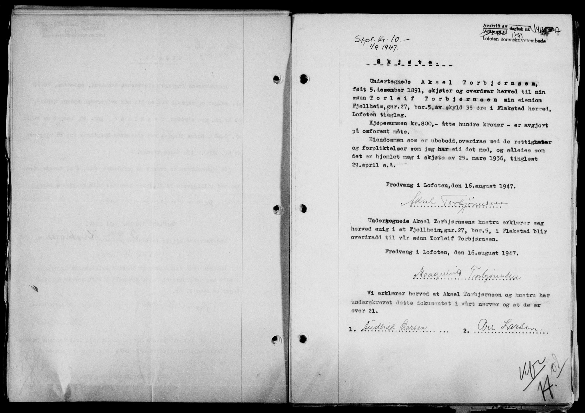 Lofoten sorenskriveri, SAT/A-0017/1/2/2C/L0016a: Mortgage book no. 16a, 1947-1947, Diary no: : 1413/1947