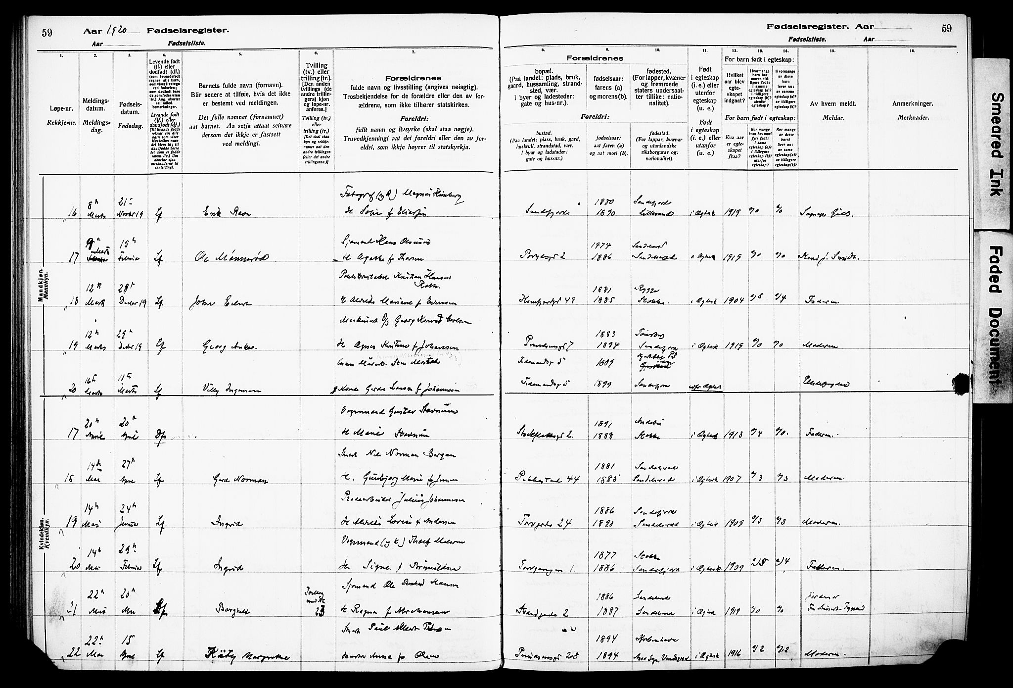 Sandefjord kirkebøker, AV/SAKO-A-315/J/Ja/L0001: Birth register no. 1, 1916-1932, p. 59